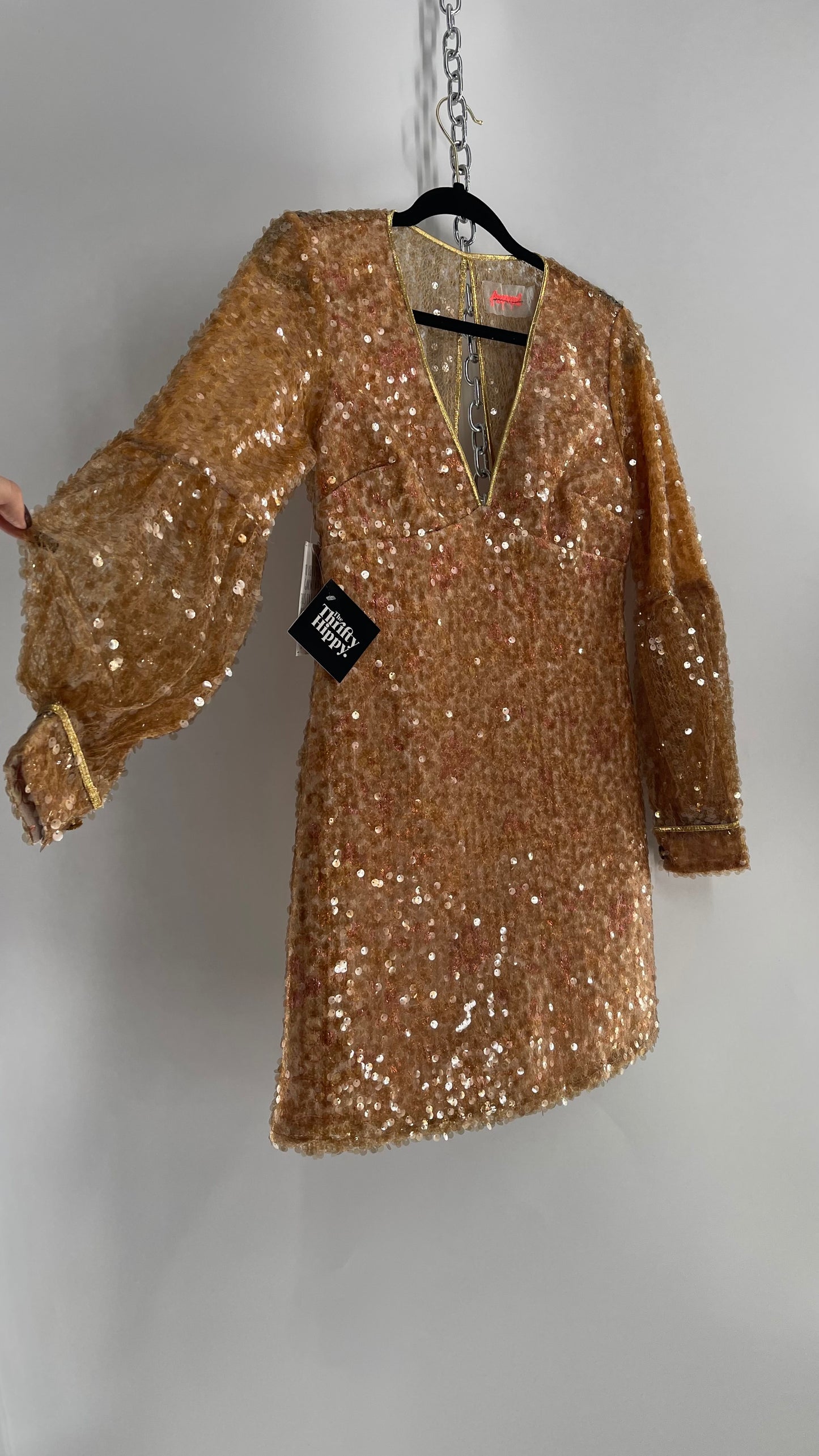 Free People Tapestry Underlay and Gold Sequin Overlay A-Line Mini Dress with Bubble Sleeves
(2)