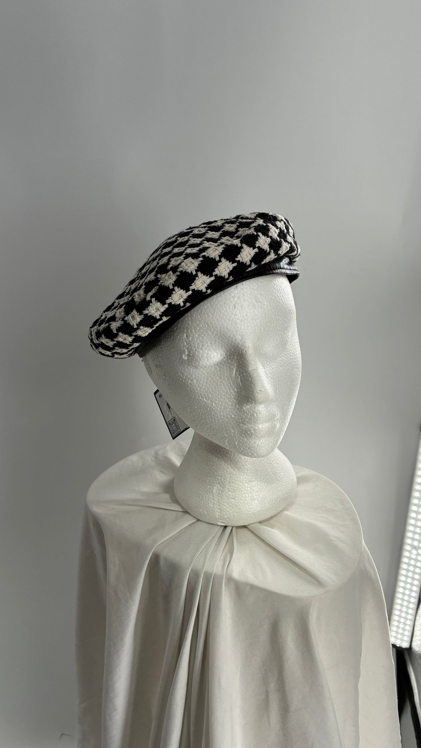 Black and White Knit Houndstooth Beret with Vegan Leather Band