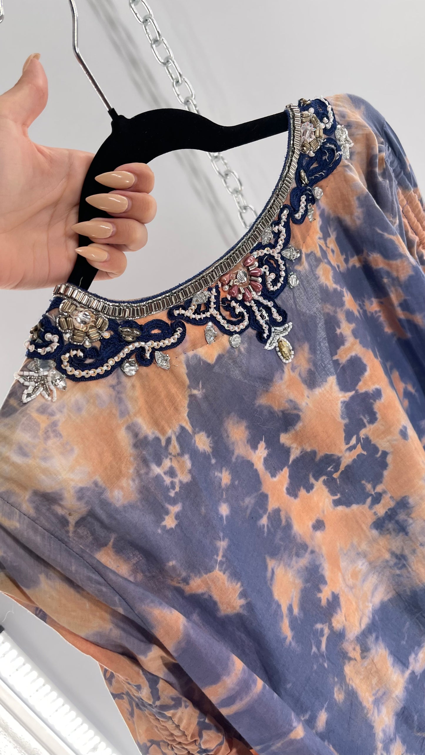 TAJ by Sabrina Crippa Tie Dye Blouse with Gemstone Encrusted Neckline and Ruched Beaded Sleeves (S/M)
