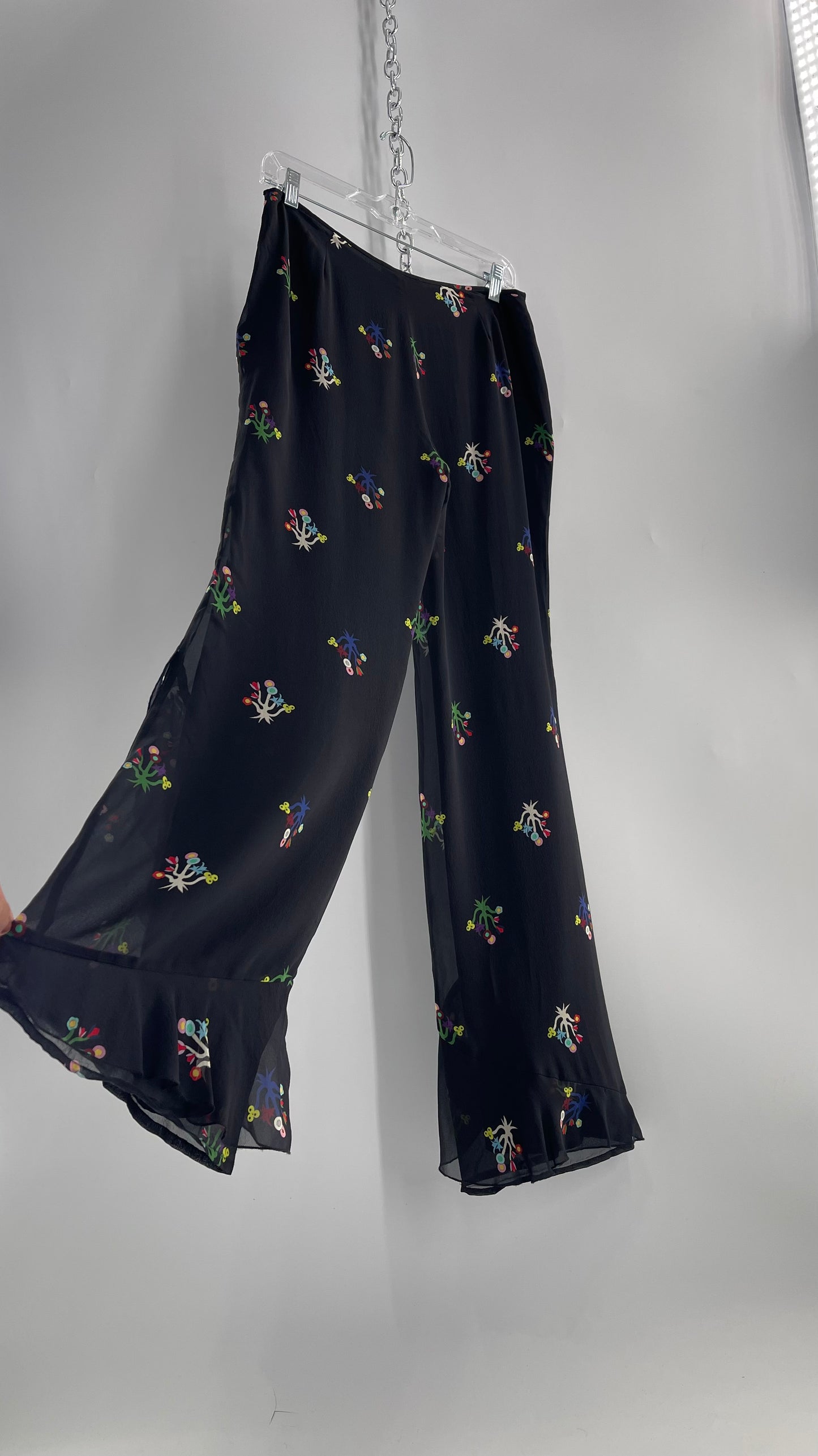 Cynthia Rowley Black Flared Pants with Colorful Abstract Florals, Dual Lining and Ruffle Trim (4)