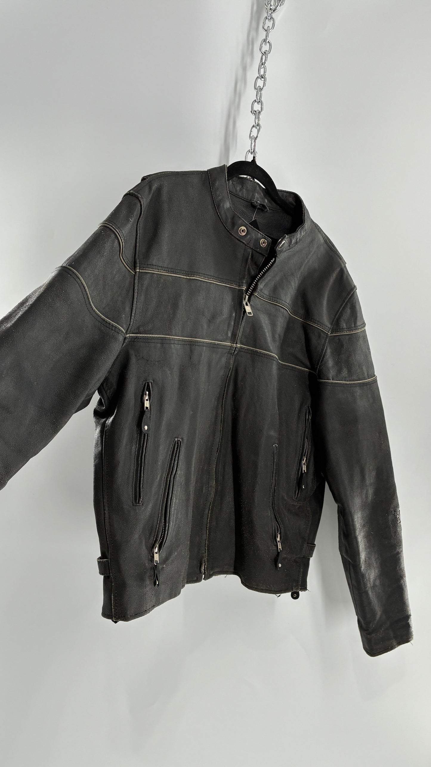 Vintage Distressed Genuine Leather Motorcycle Jacket with Zippered Pockets, Cuffs, and Sides (Large)