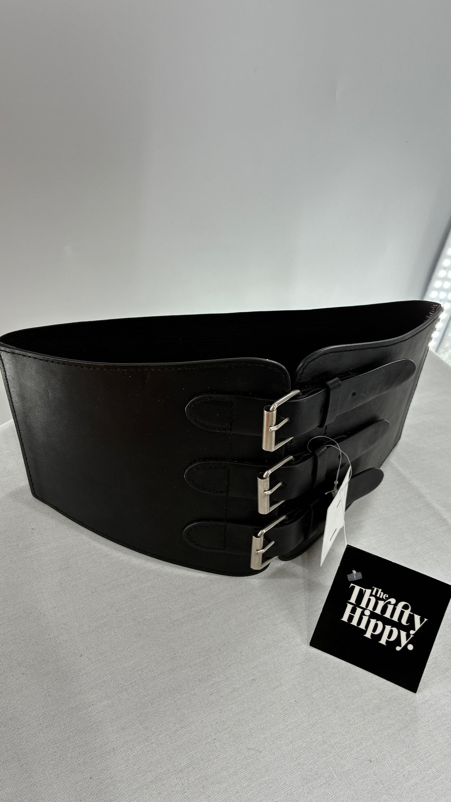 Urban Outfitters Black Corset Belt with Many Buckles and Tags Attached (One Size)