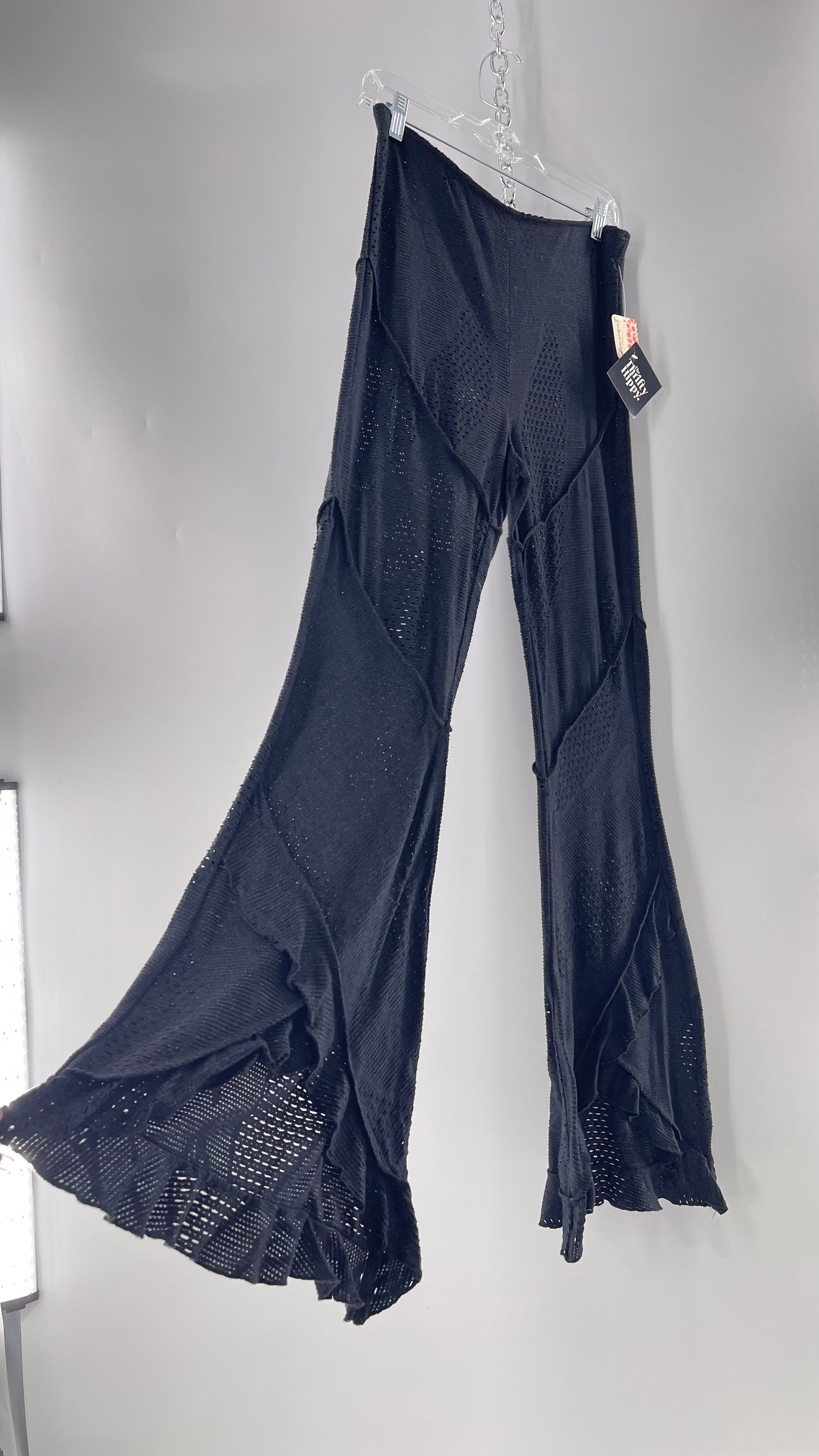 Free People Black Midnight Grey Mixed Pattern Kickflares with High Low Hem, Exposed Seams and Distressing Tags Attached (Medium)