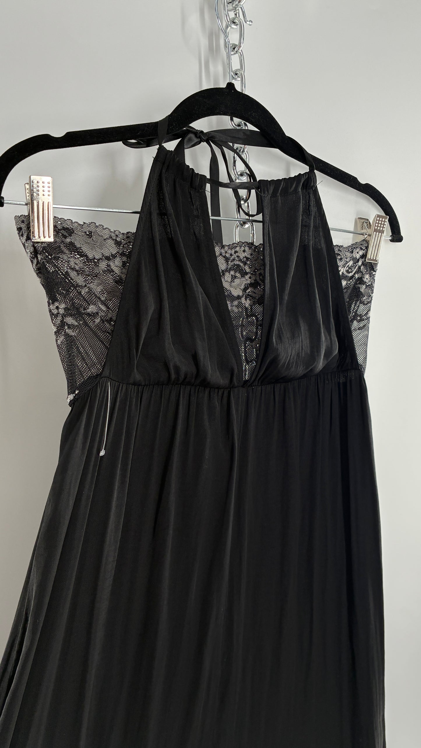 Free People Silky Black Jumpsuit with Grey Lace Paneling and Bandeau (S)