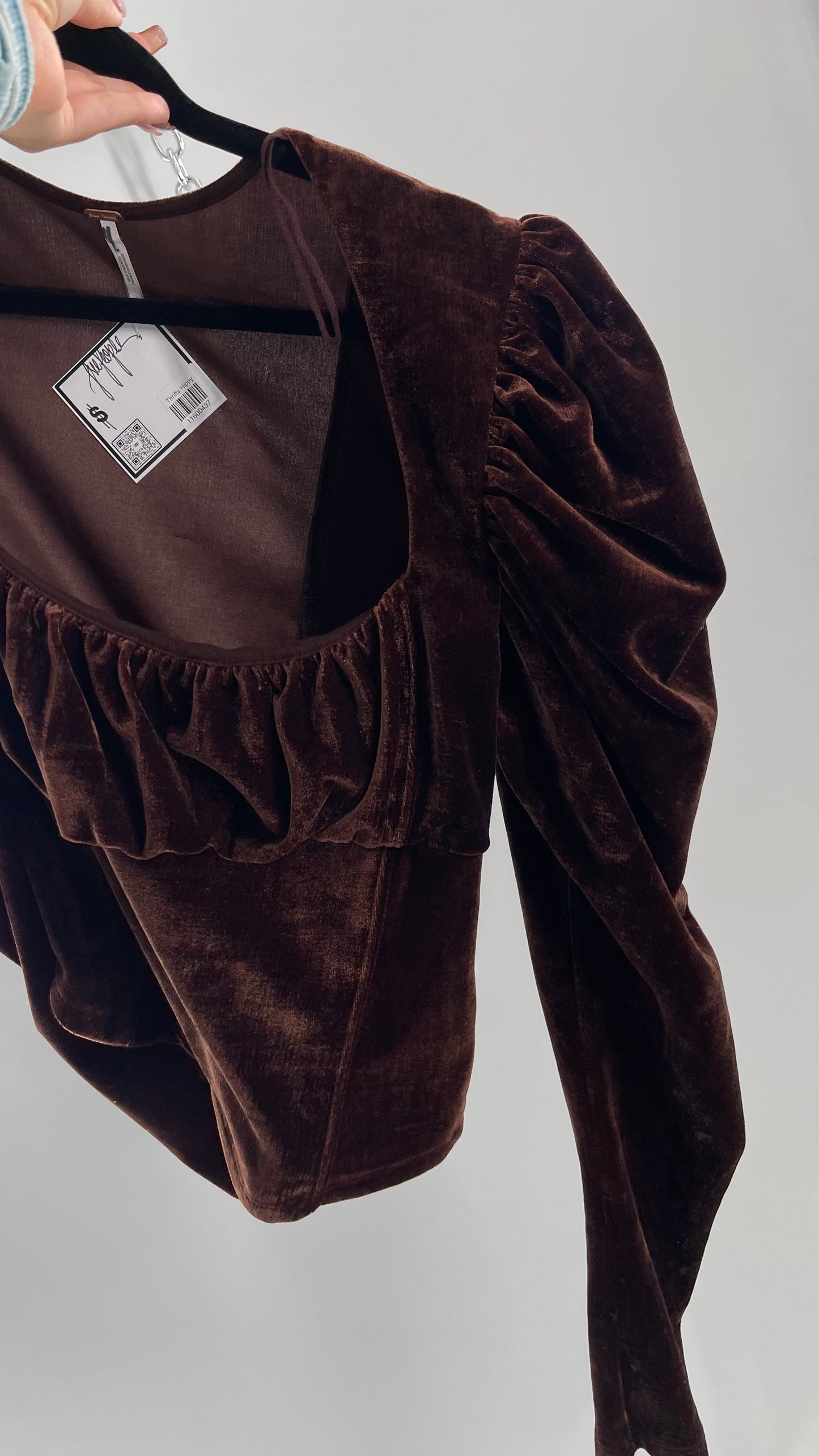 Free People Dark Brown Velvet Long Sleeve Cropped Blouse with Milkmaid Neckline and Renaissance Puff Shoulder (Large)