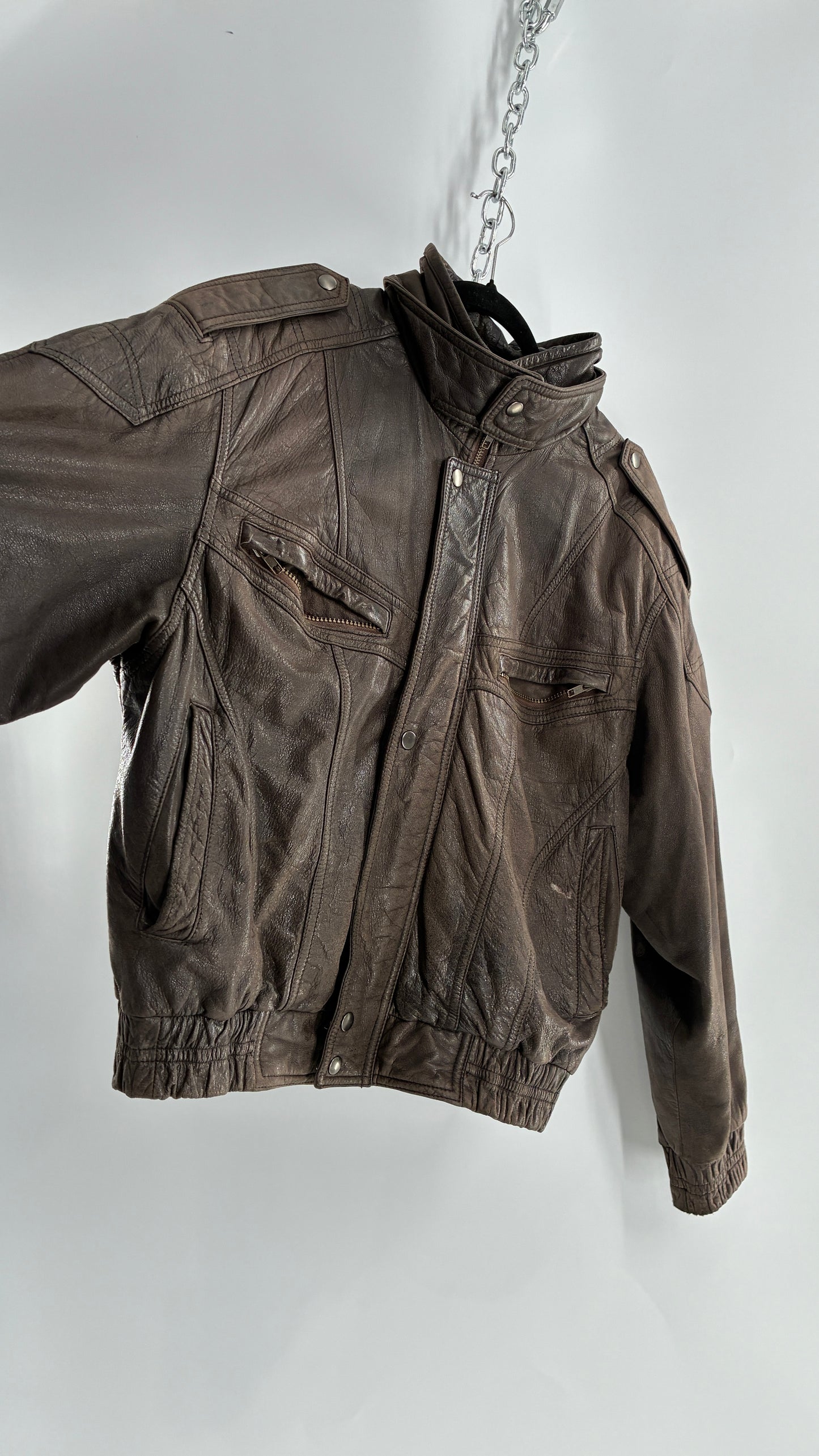 Vintage SAXONY Distressed Leather Bomber Jacket (Medium)