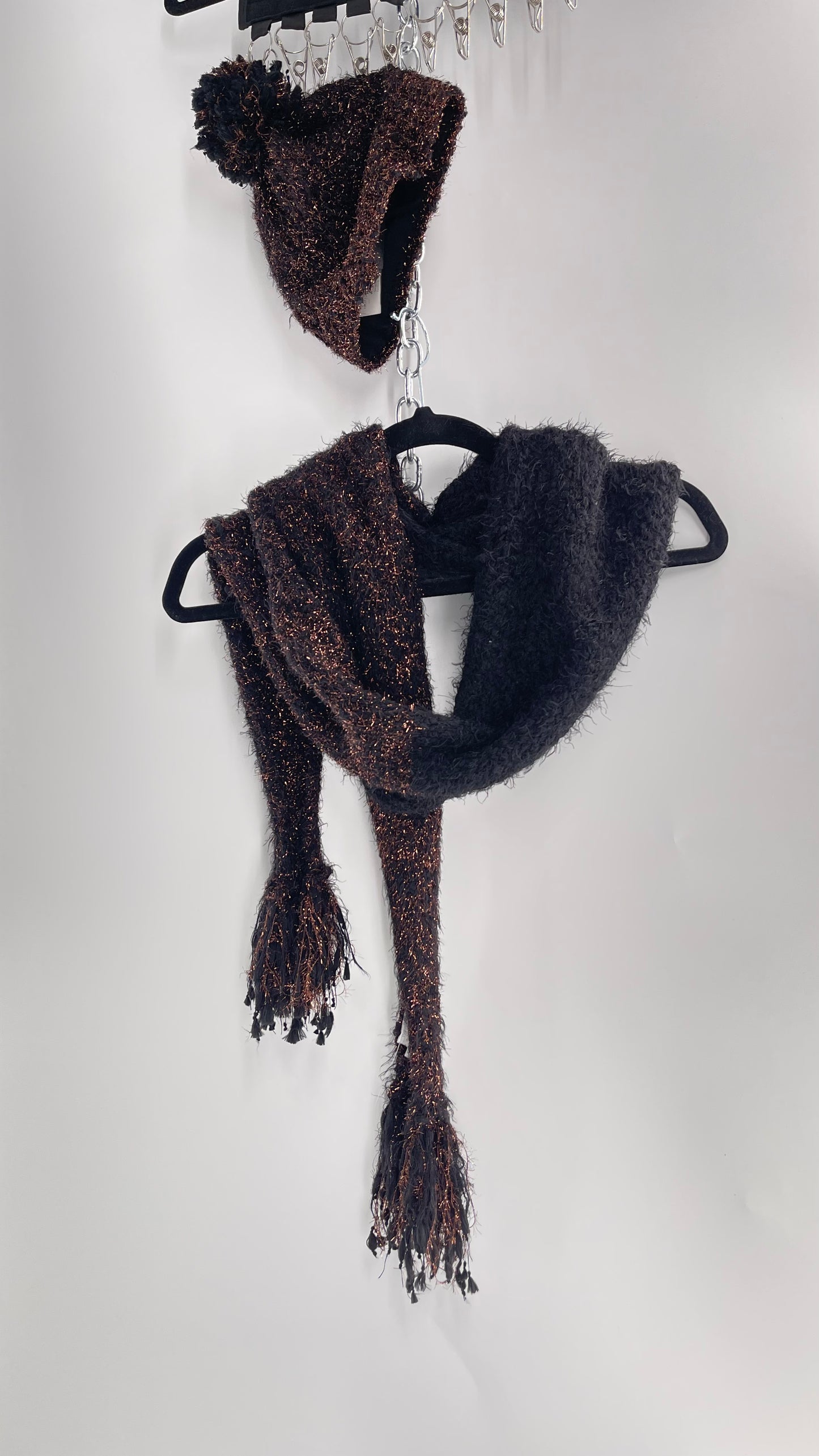 Anthropologie Bronze Tinsel Black Knit Beanie and Skinny Pom Scarf 2pc Set with Tags Attached