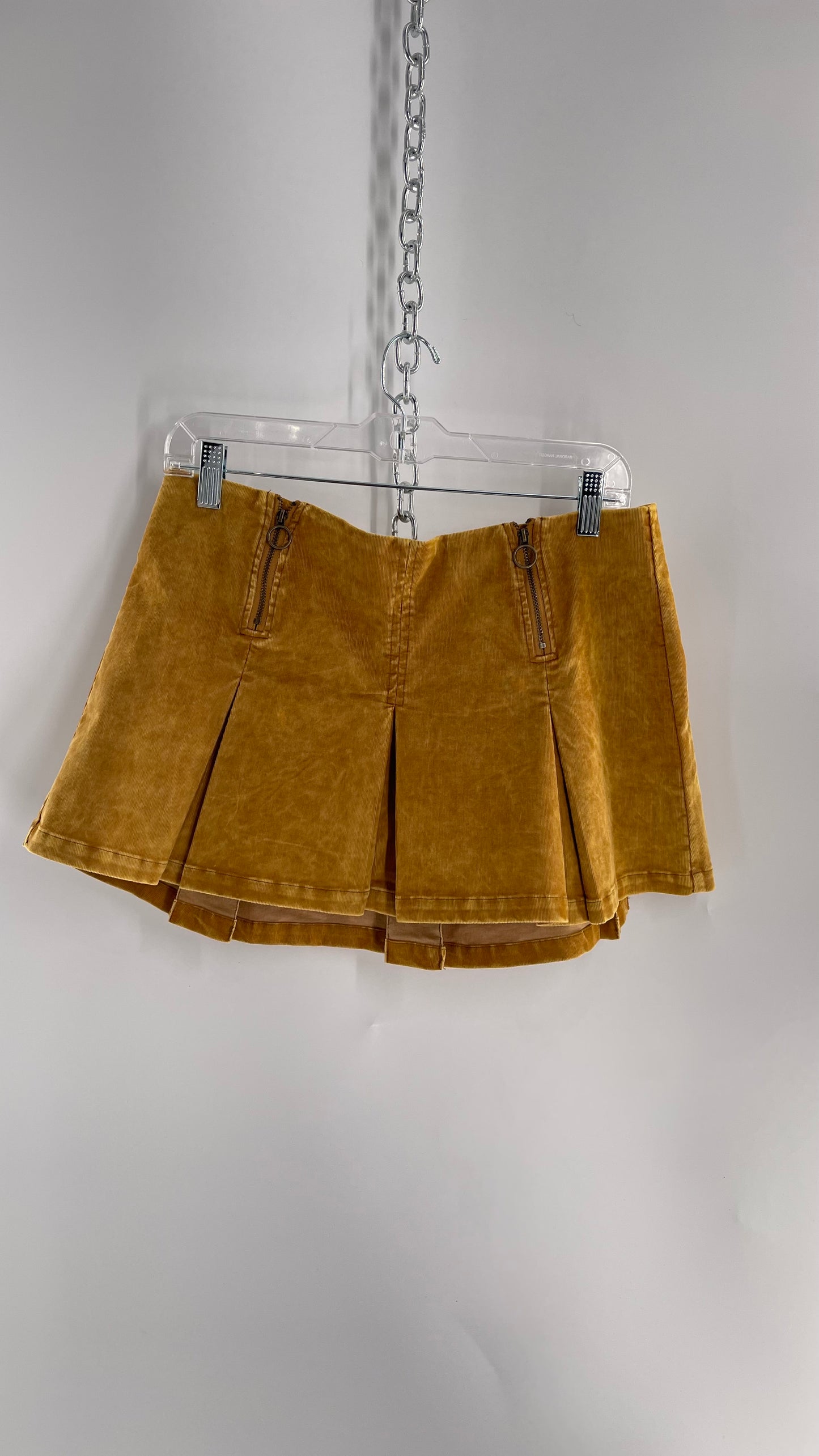 Urban Outfitters Mustard Corduroy Pleated Micro Mini Skirt with Brass Hip Zippers (Medium)