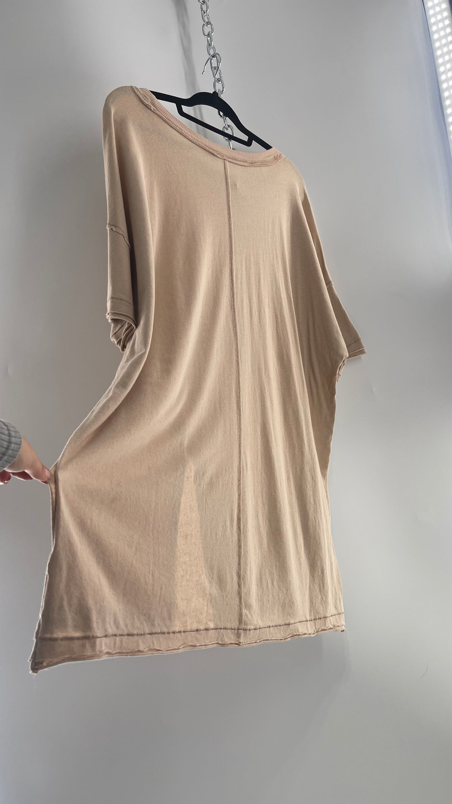 Free People Movement Oversized Light Beige Short Sleeve T-Shirt with Slit Embroidered Detail (Size XS)