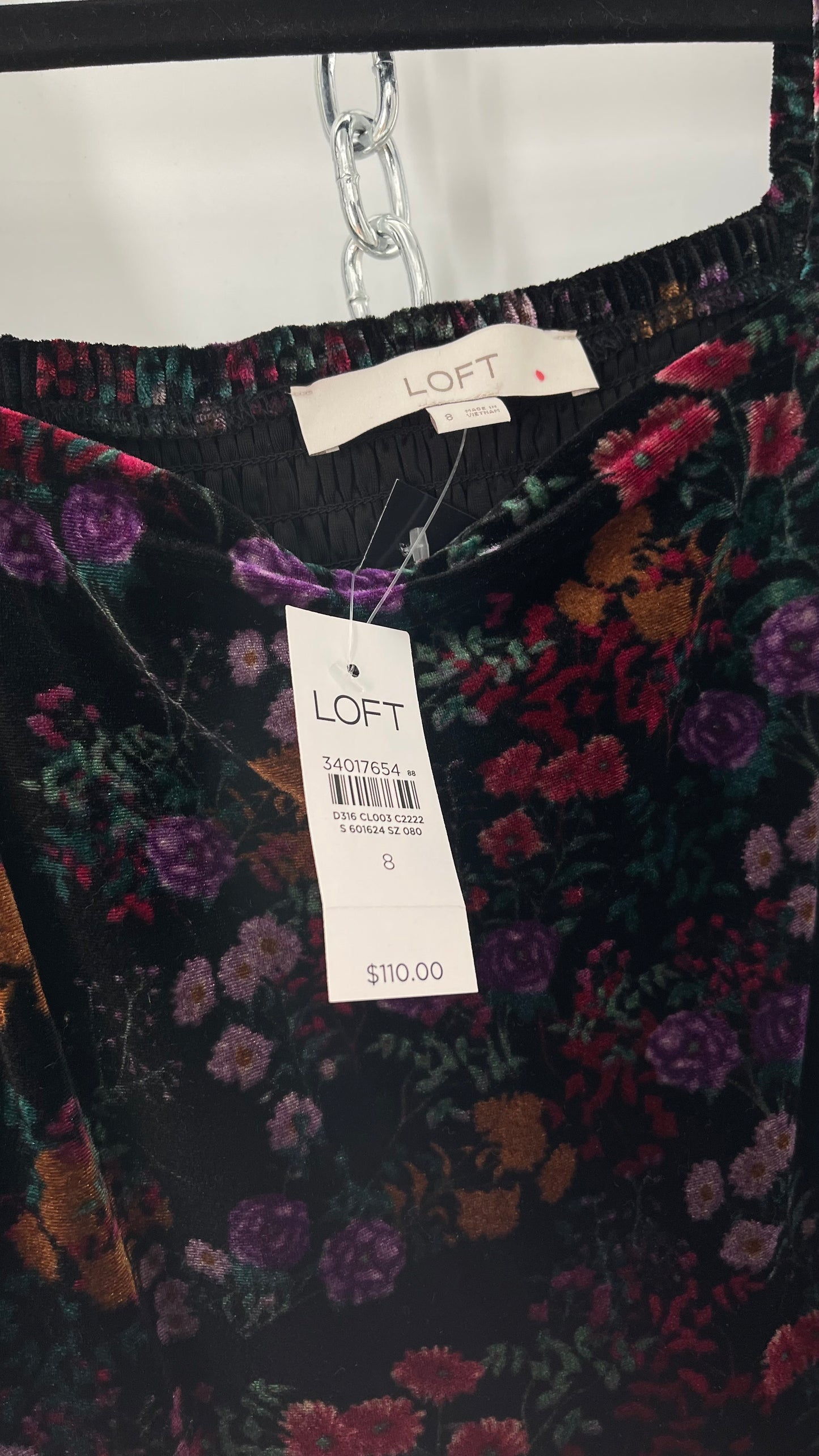 LOFT Velvet Dark Floral Full Length Dress with Puff Sleeves and Smocked Back with Tags Attached (8)