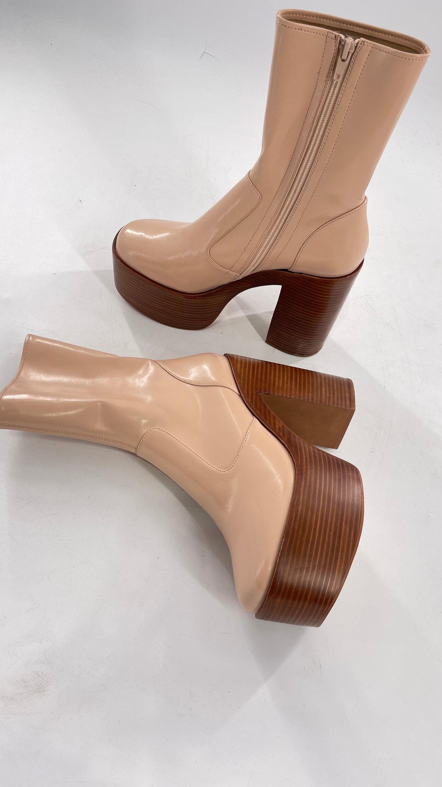 Free People X Jeffrey Campbell Mexique GoGo Boots • Beige Patent Boot with Wood Grain Chunky Block Heel and Platform (9)