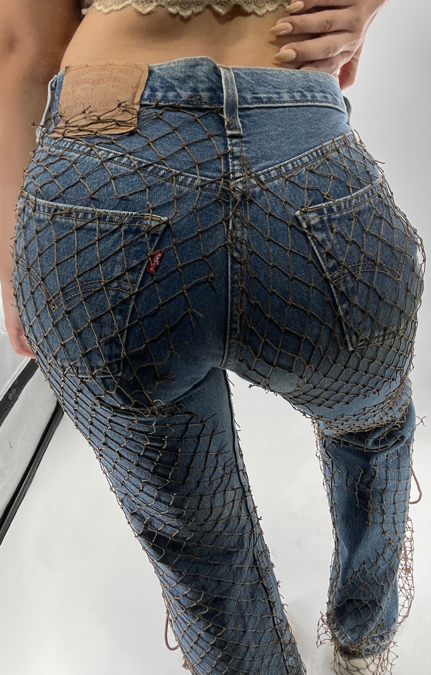 Custom - Fishnet Levi’s with Grommets and Lace Up Sides (Waist 29 Length 30) Fits Like a 26*