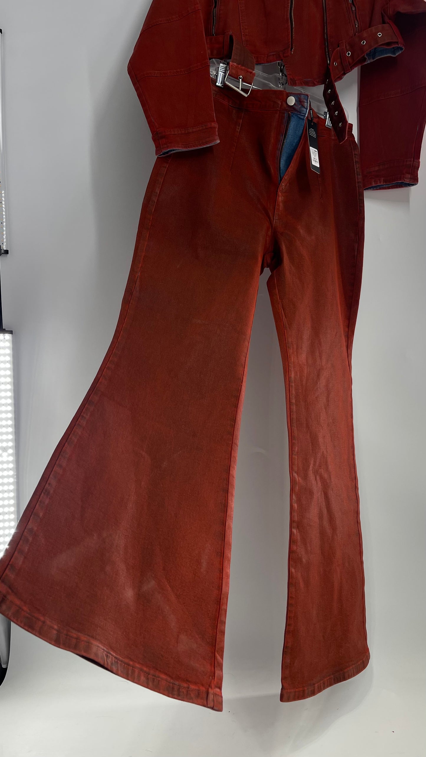 Fashion Nova Red Waxed Denim Cropped Motorcycle Jacket with Flared Jean Set and Tags Attached (XL/15)