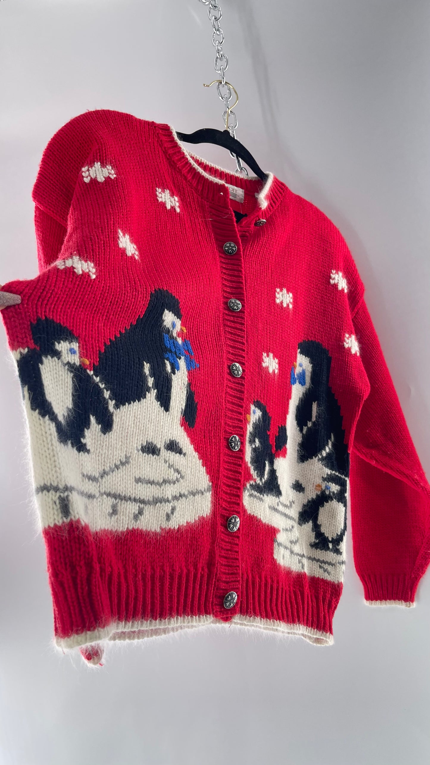 Vintage Karen Scott Silver Button Front, Red Cardigan with Shoulder Padding and the Sweetest Festive Penguins in Bow Ties (Large)