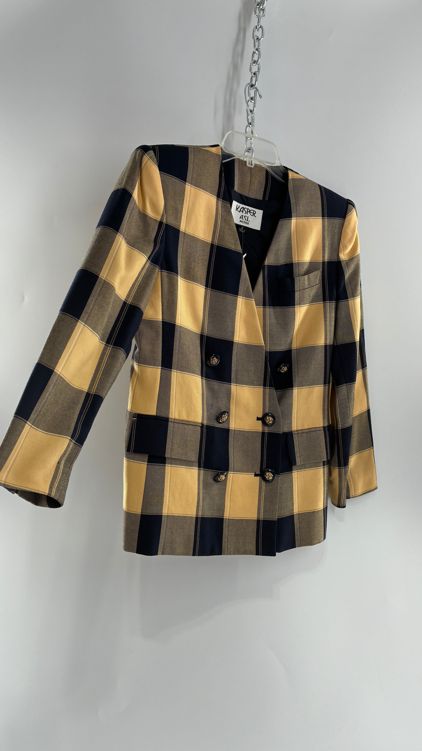 Vintage Suit Set with Yellow Plaid Double Breasted KASPER A.S.L Blazer and Upcycled Wool Mini Skirt (6)