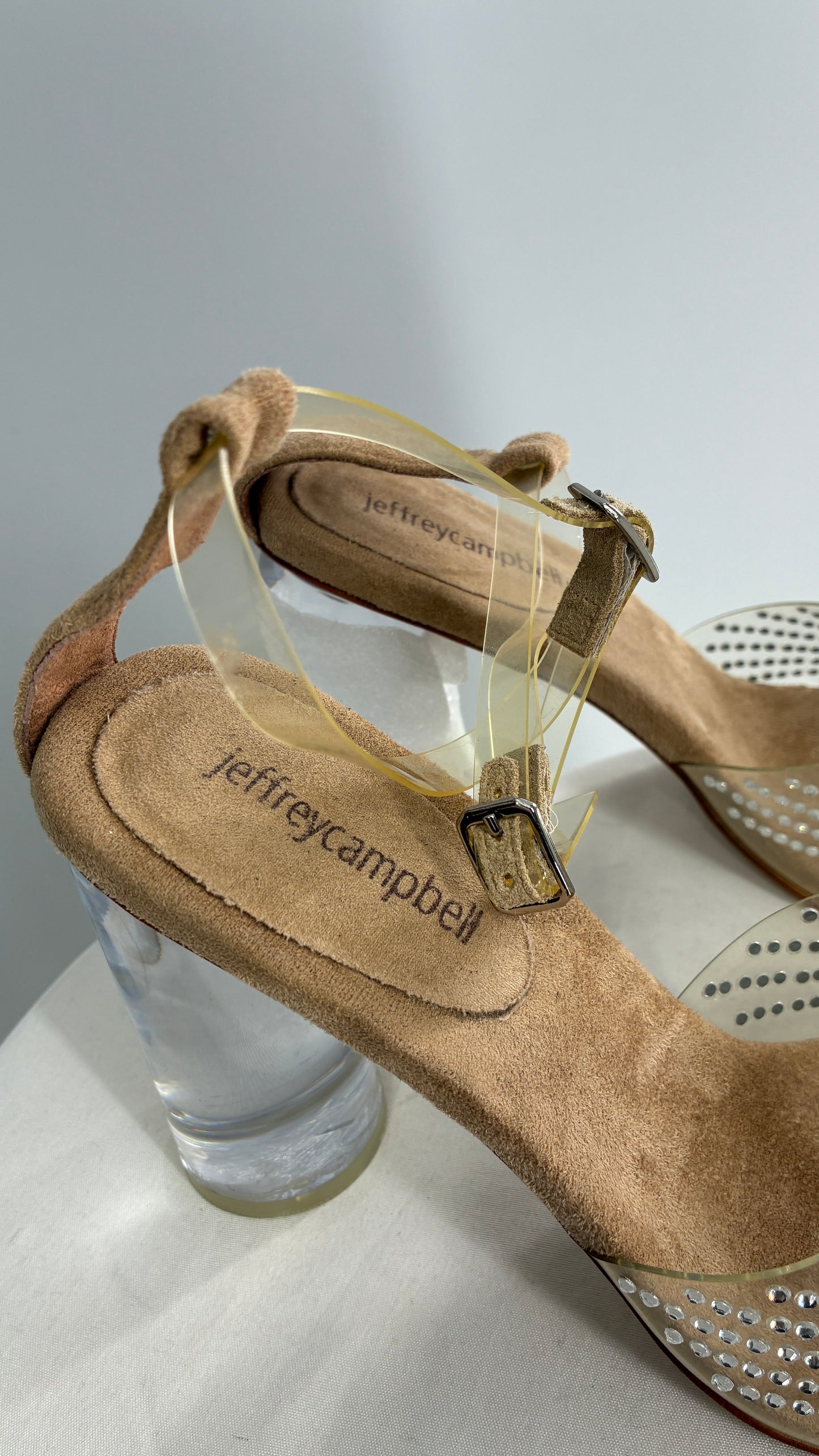 JEFFREY CAMPBELL Lucite Heel Suede Sole, Clear Strap Rhinestone Heel (8)