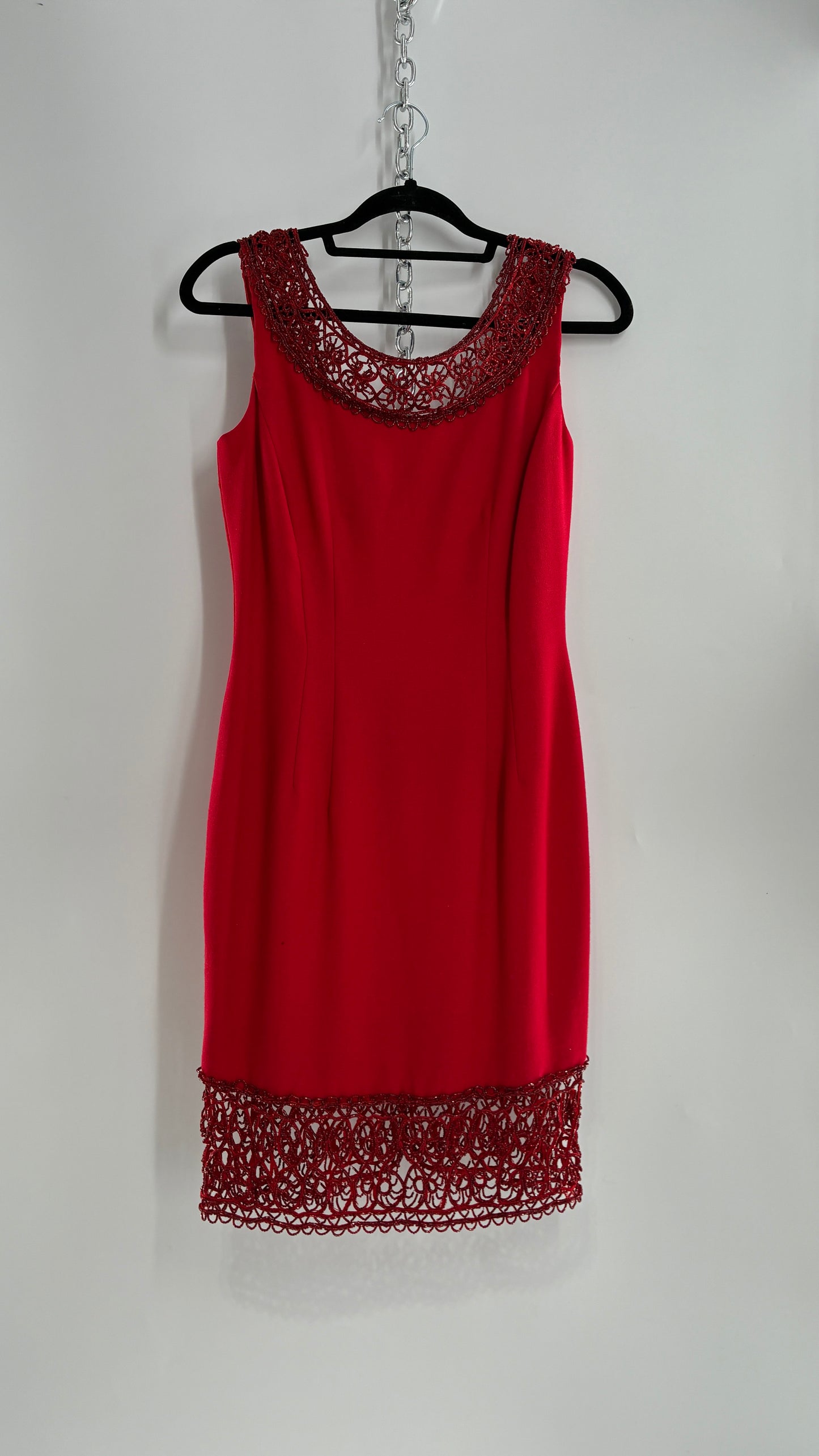 Vintage CARMEN MARC VALVO Red 100% Fitted, Tailored Wool Dress with Beaded Hem and Neckline (6)