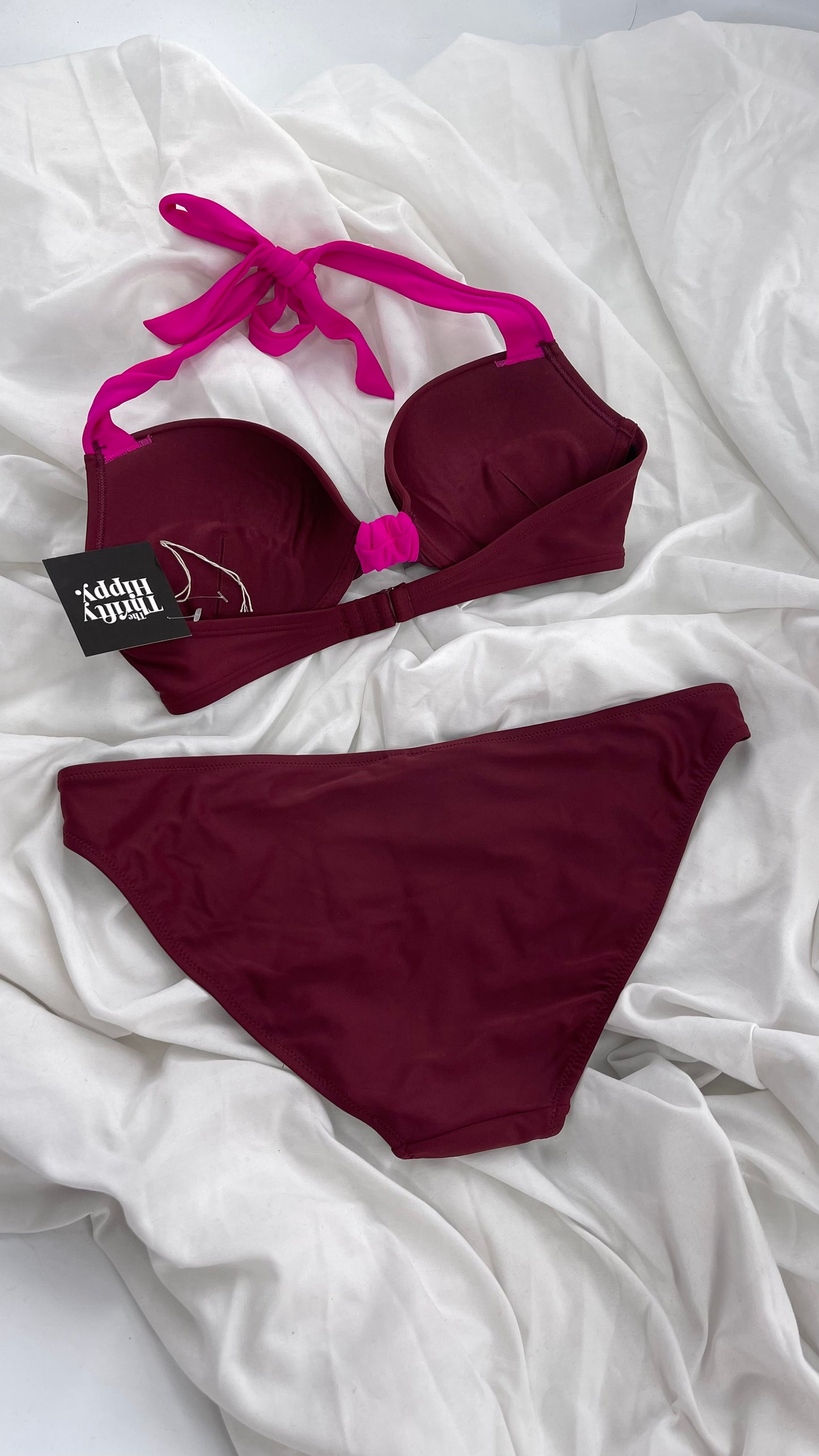 AERIE Burgundy Padded Underwire Swim Top Set with Fuchsia Details (36C/L Bottoms)