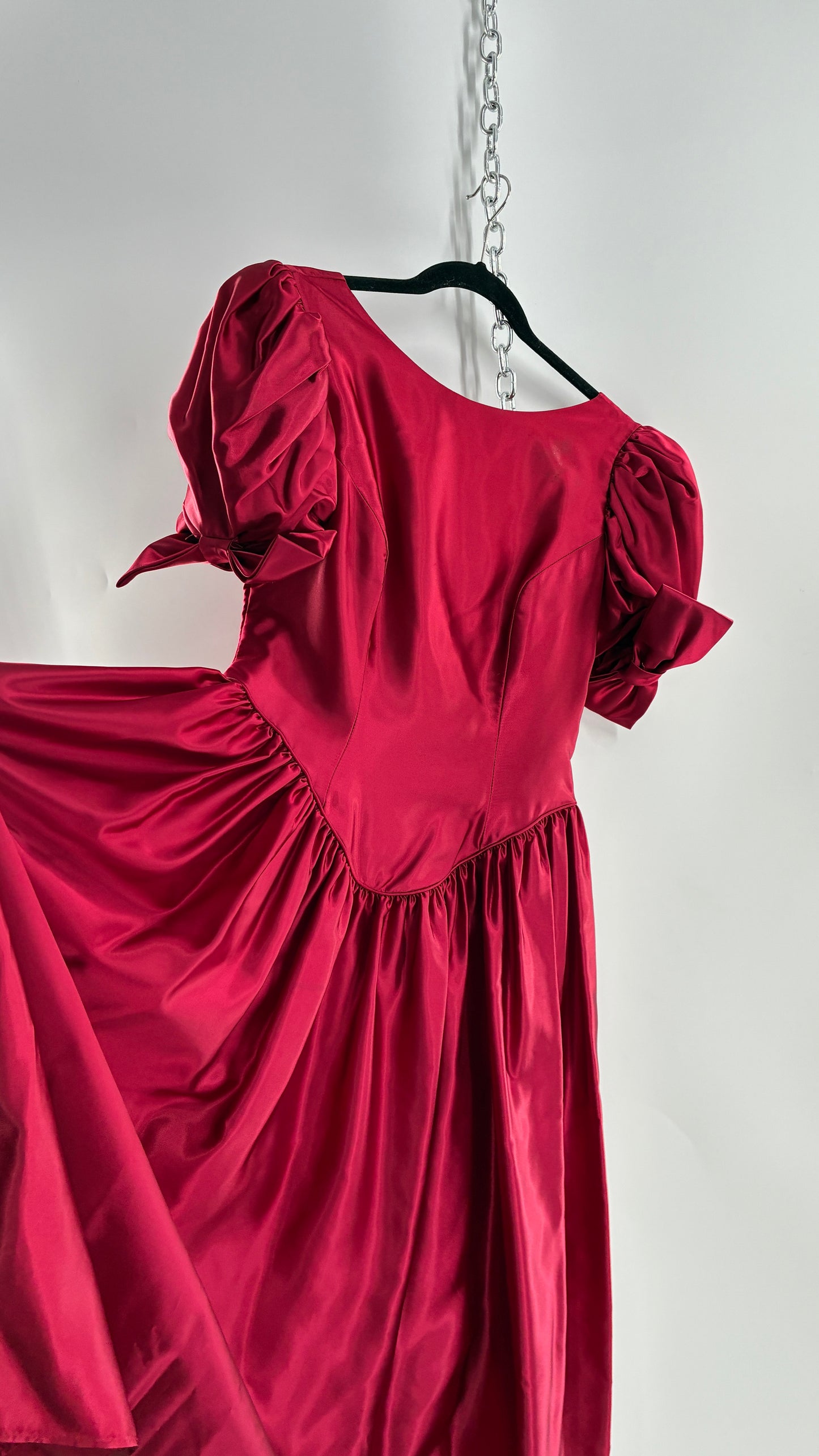 Vintage Red Silky Satin Corset Style Dress with Sweetheart Neckline, Puff Sleeves, Oversized Bow Bum, Open Back and Draping Pearls (10P)