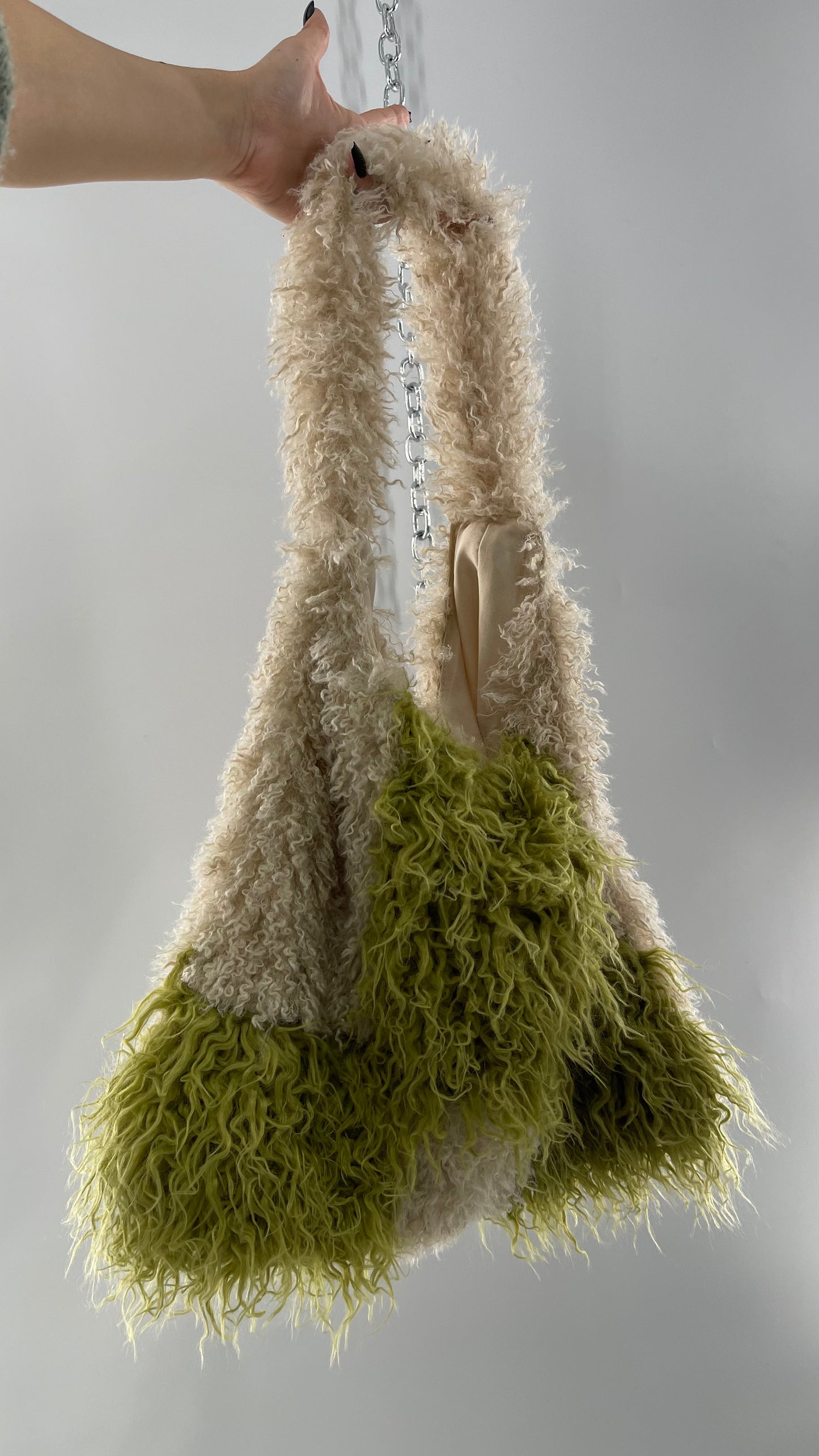 Free People Shaggy Green Beige Checkered Tote