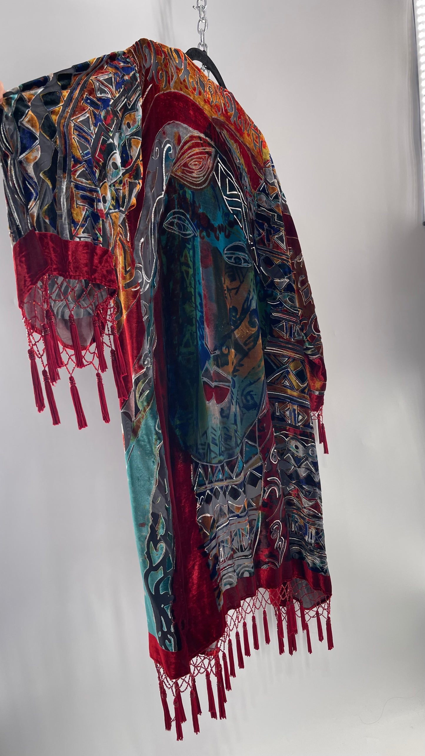 Vintage Burnout Buddhist Motif Velvet/Velour Beaded Fringe Duster Coat/Kimono with Tassel Sleeves and Hems (M/L)
