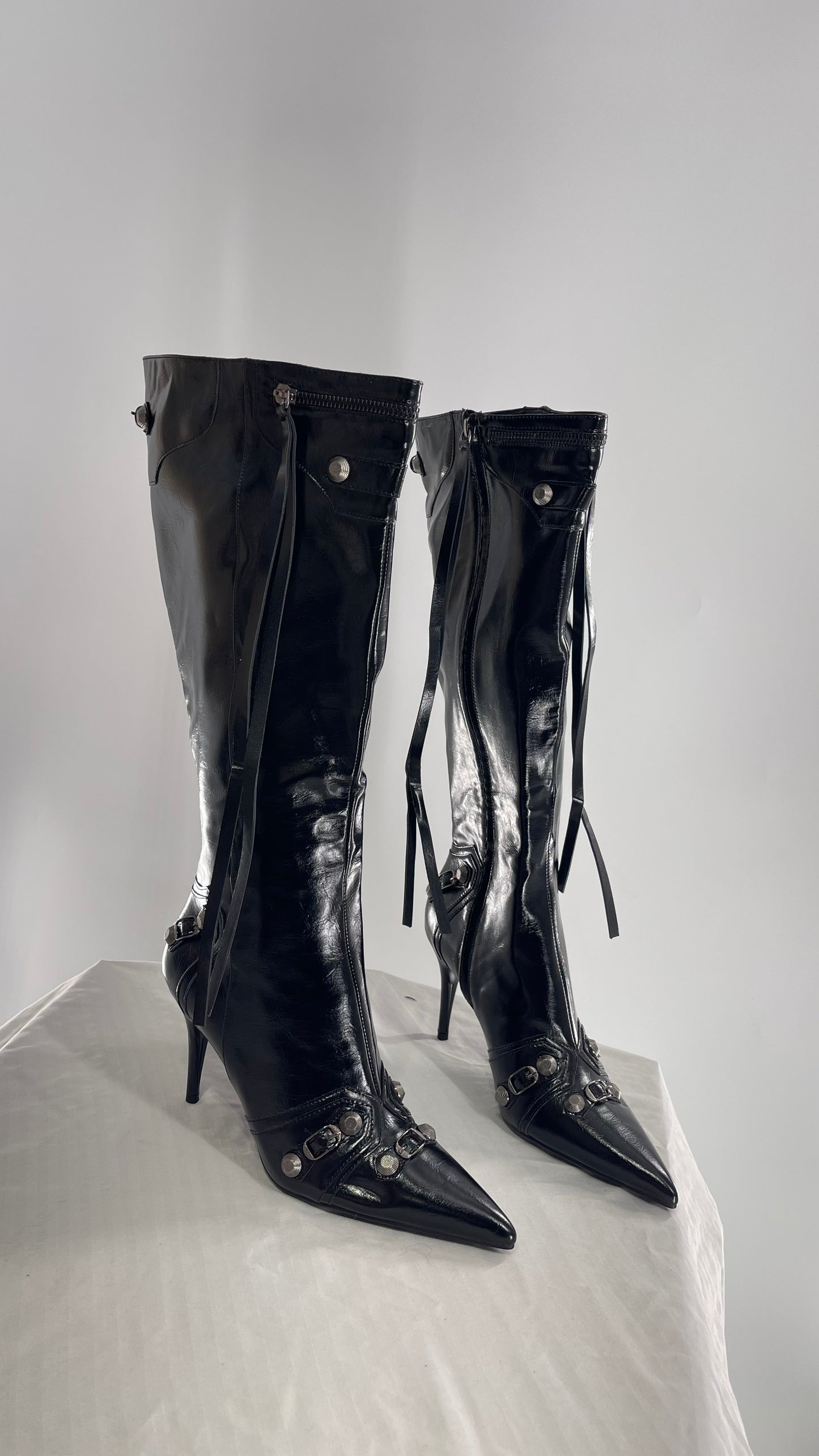 Black Pointed Toe Strappy Heeled Knee High Boots with Metal Hardware Details (10)