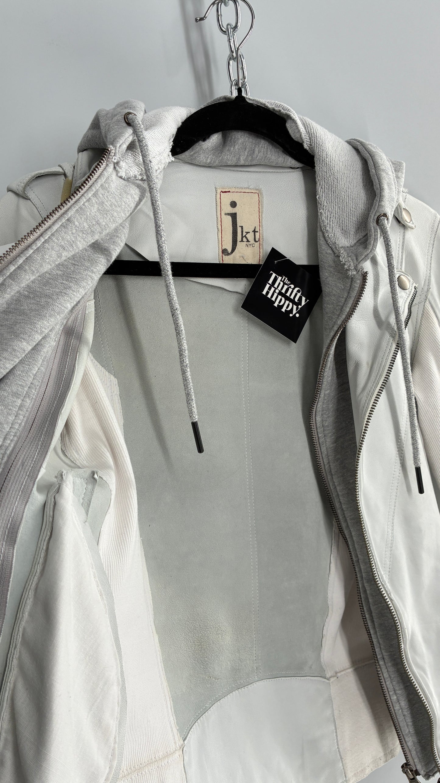 Jakett White Molly Burnished White Genuine Leather Double Layer Moto Jacket with Removable Grey Hoodie Insert (XS)