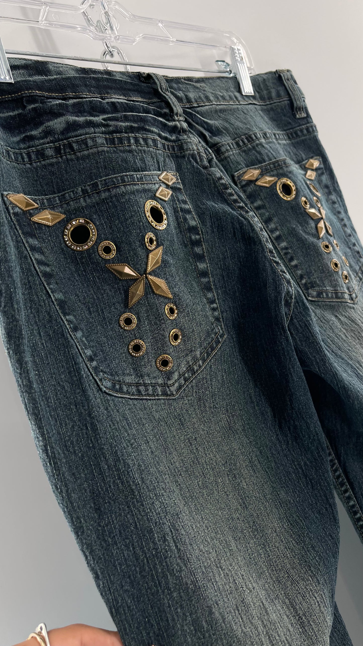 Vintage Blue Pointe Kickflare Medium Wash Jeans with Gold Rhinestone Metal Jewels (13)