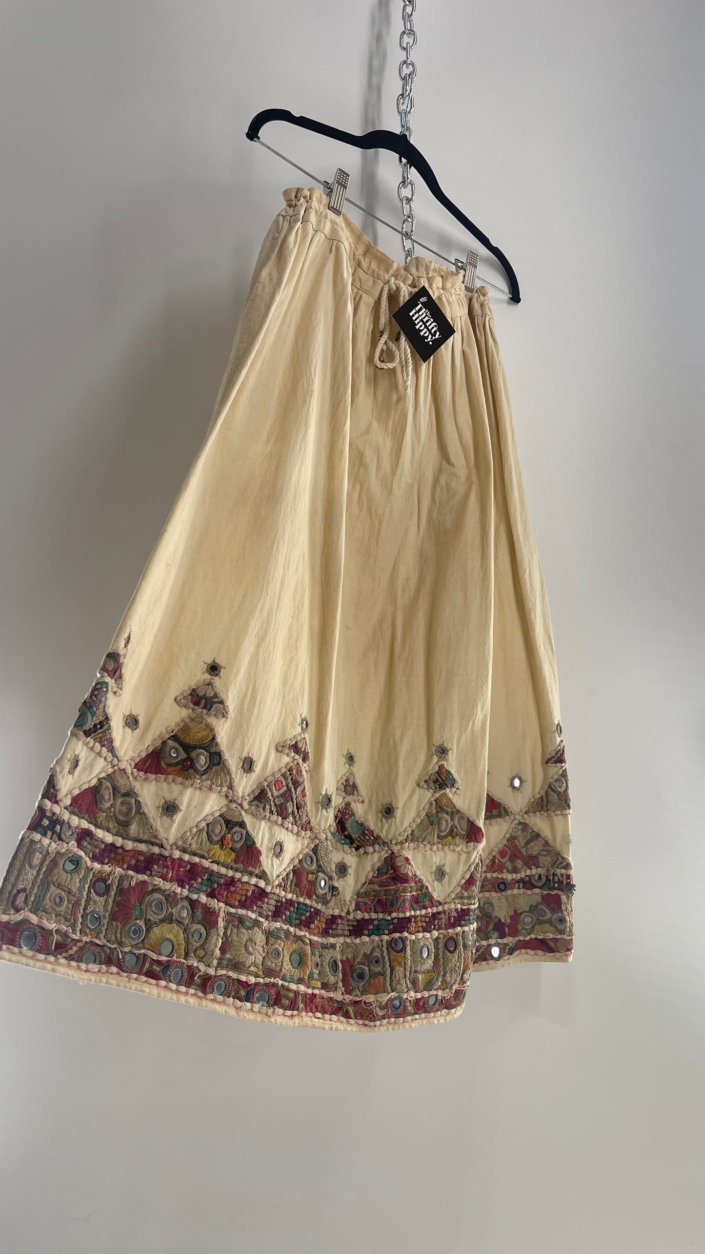 Vintage Imported Hand Stitched Skirt with Embroidered, Patchwork and Mirror Details (S/M Drawstring Waist)