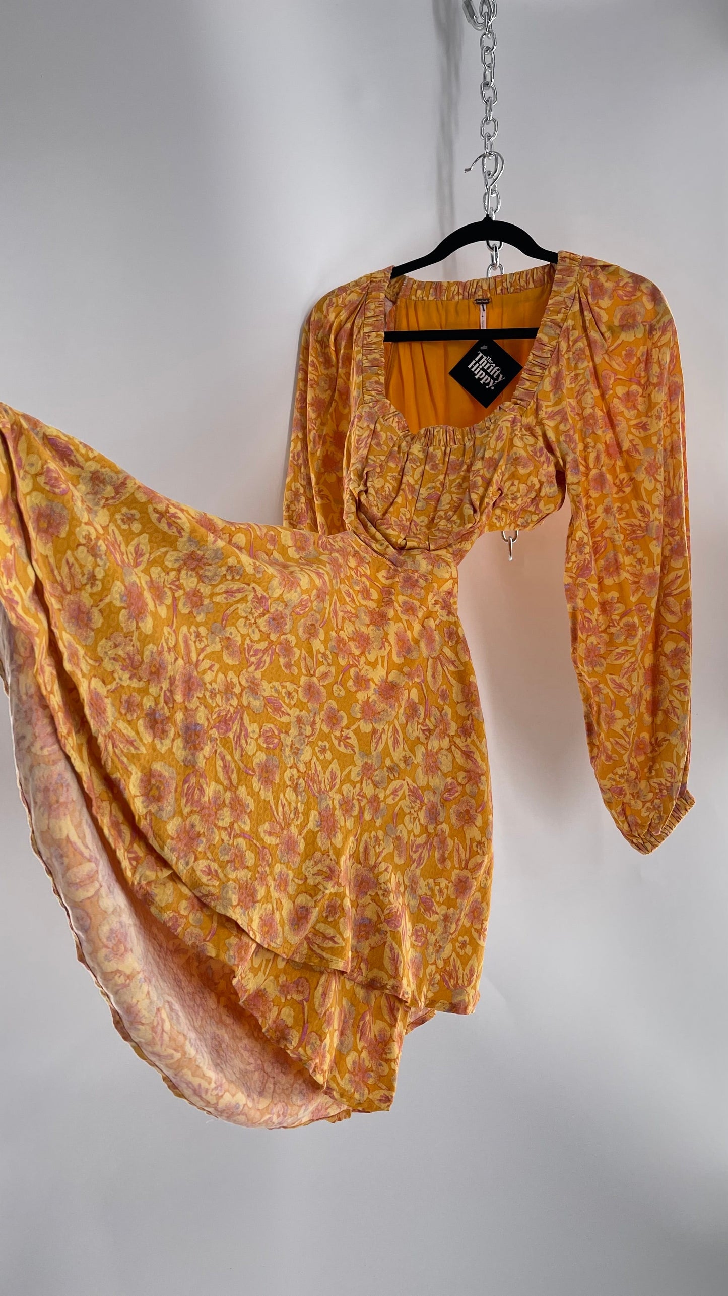 Free People Yellow Cut Out Golden Florals Dress with Ruched Bust and Balloon Sleeves (Small)