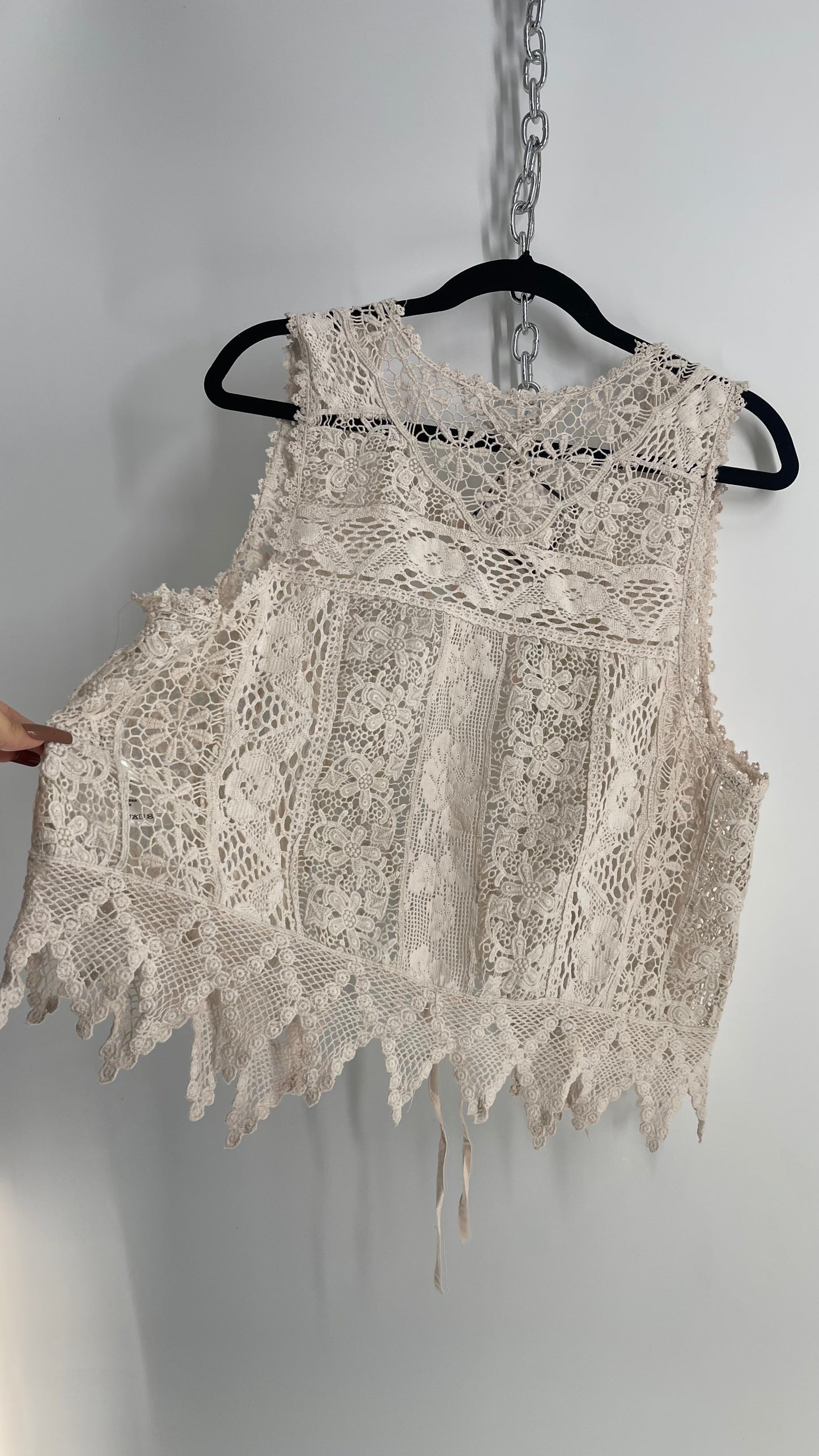 Free People Off White Lace Crochet Vest/ Tie Bust Sleeveless Top (Medium)