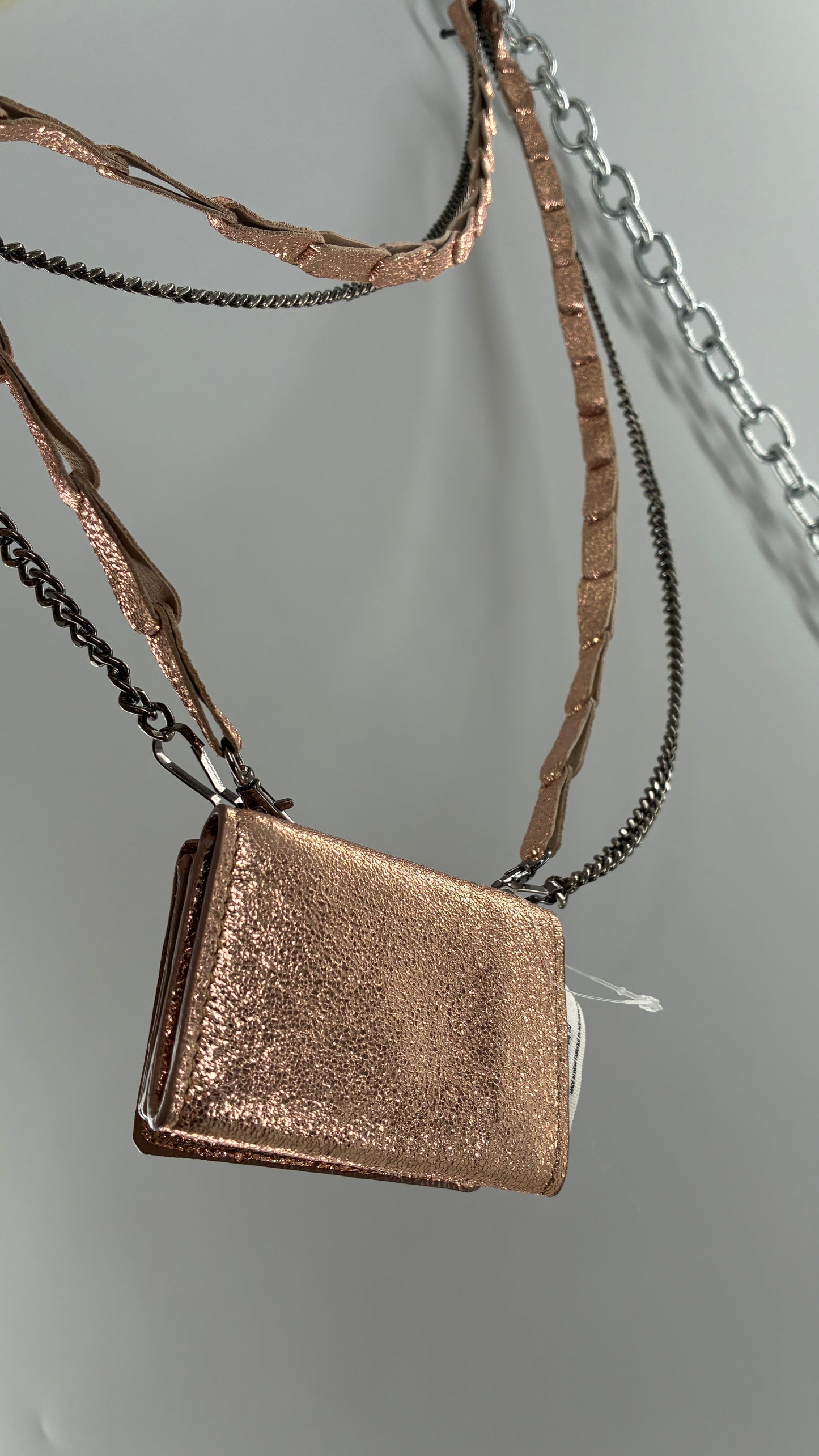 Free People Rose Gold Metallic Goat Leather Wallet with Leather and Chain Straps