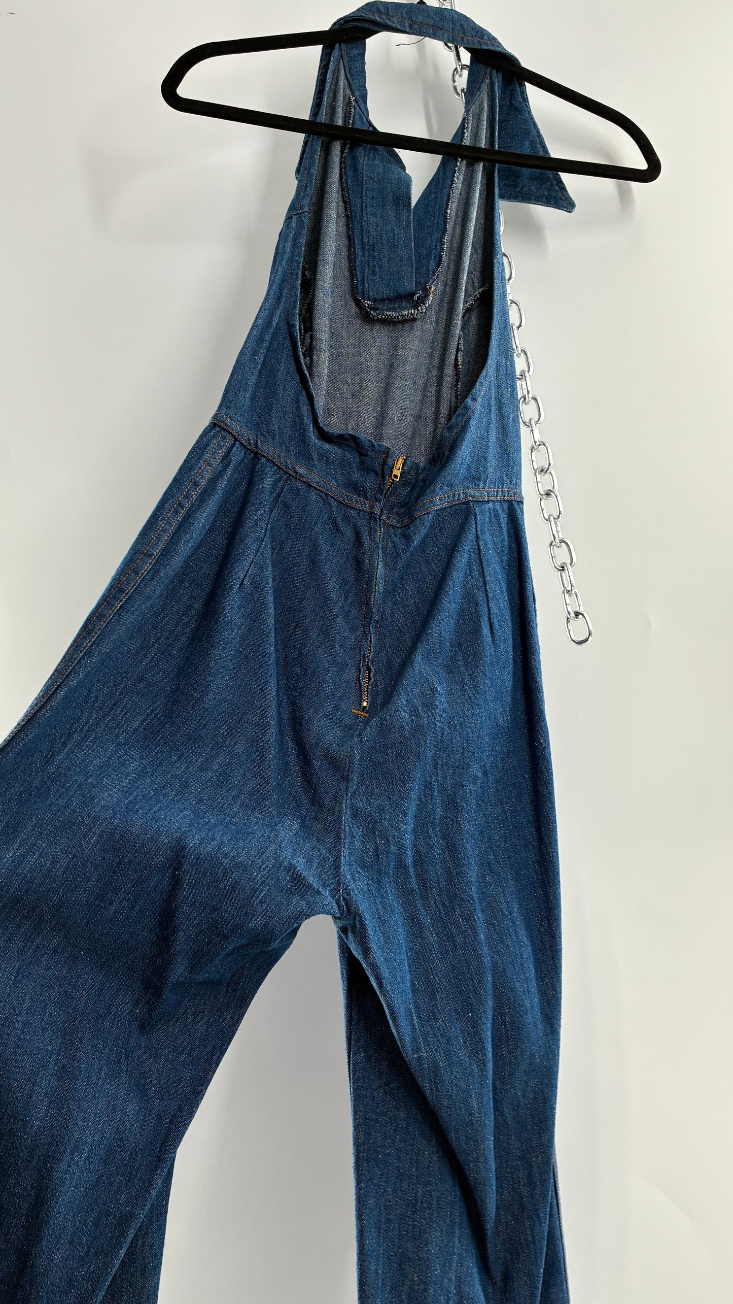 RARE Vintage 1970s Landlubber Medium Wash Denim, Sleeveless Halter, Wide Leg Bell Bottom, Jumpsuit (No Size on Tag, XS)