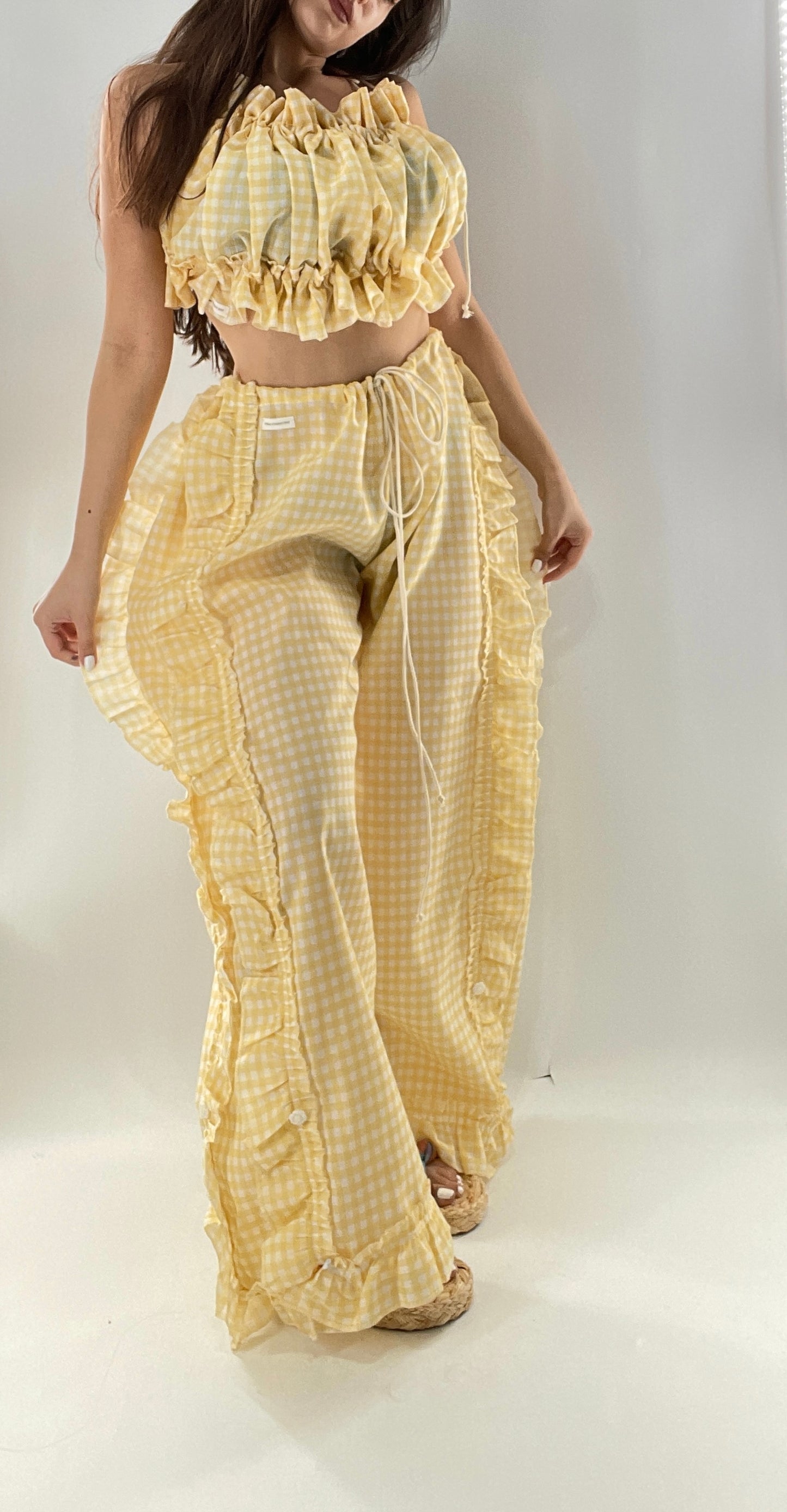Vintage 2 Piece Yellow Checkered/Gingham Patterned Picnic Set with Ruched Bust Top and Ruffle Side Wide Legs with Adjustable Length, Strap Up Buttons on Hem (One Size)