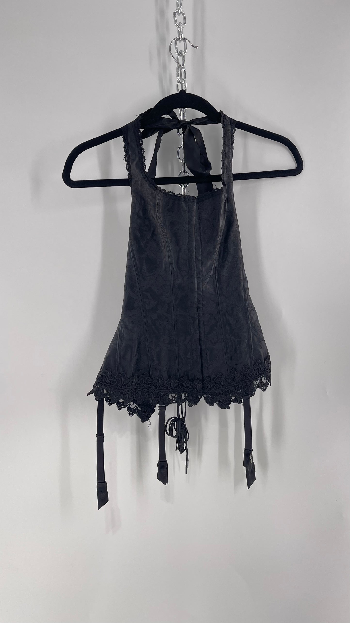 Vintage Fredericks of Hollywood Black Satin Brocade Lace Corset with Lace Tie Halter (32)