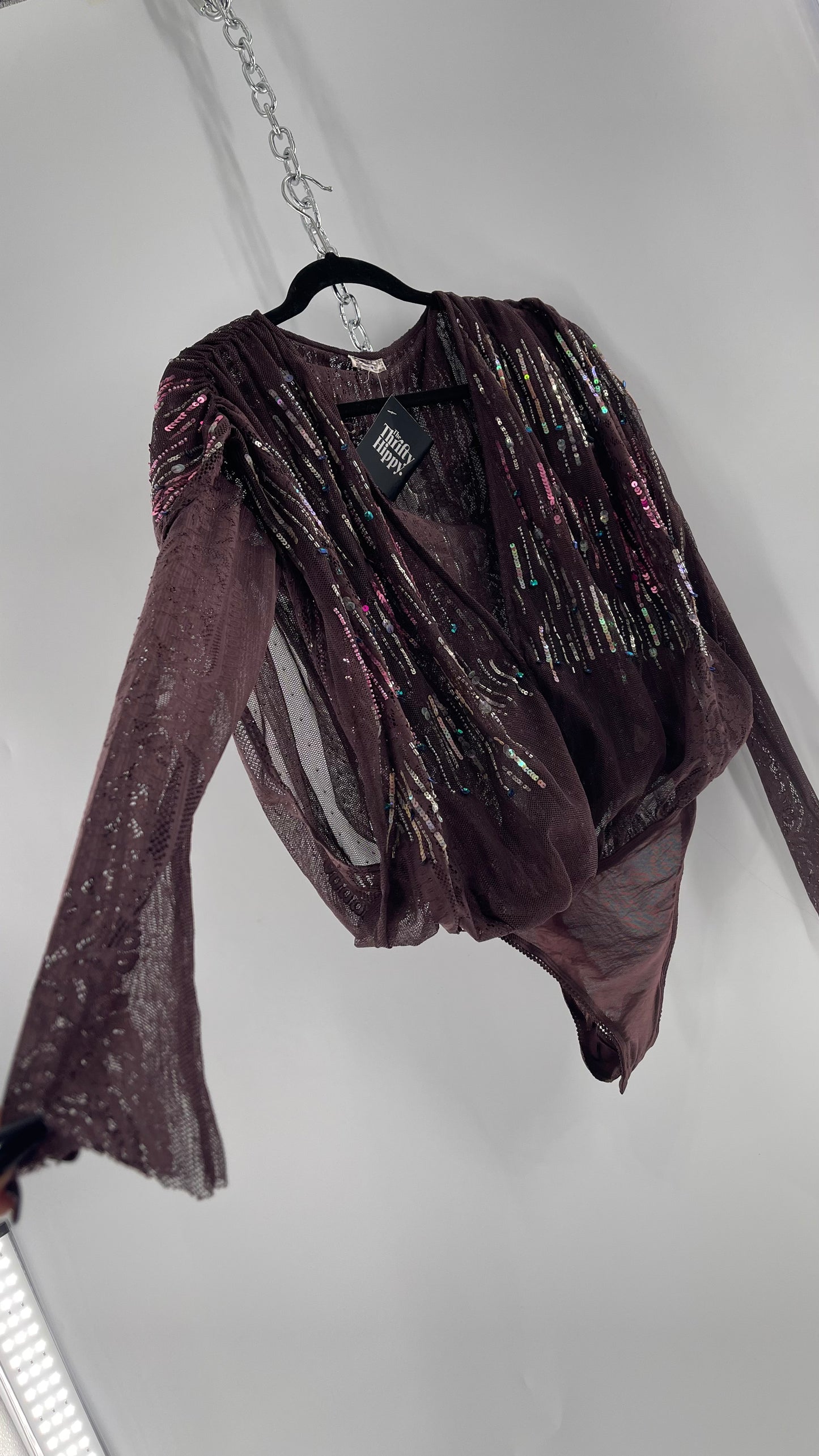 Intimately Free People Plum Mesh Bodysuit with Lace Sleeves and Beaded/Sequined/Embellished Body (Medium)