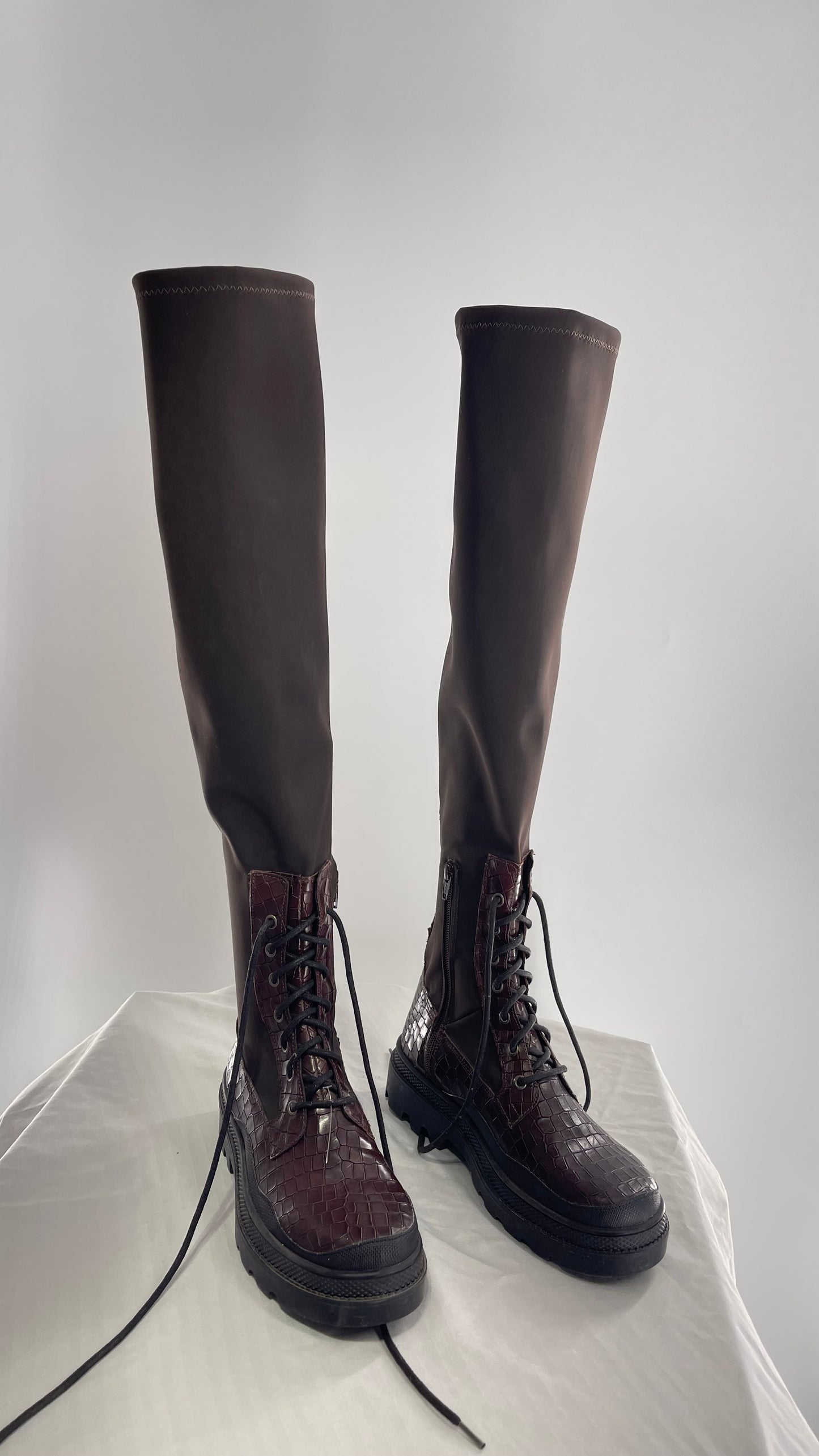 Free People Dark Brown Riding Style Embossed Knee High Platform Boots (39)