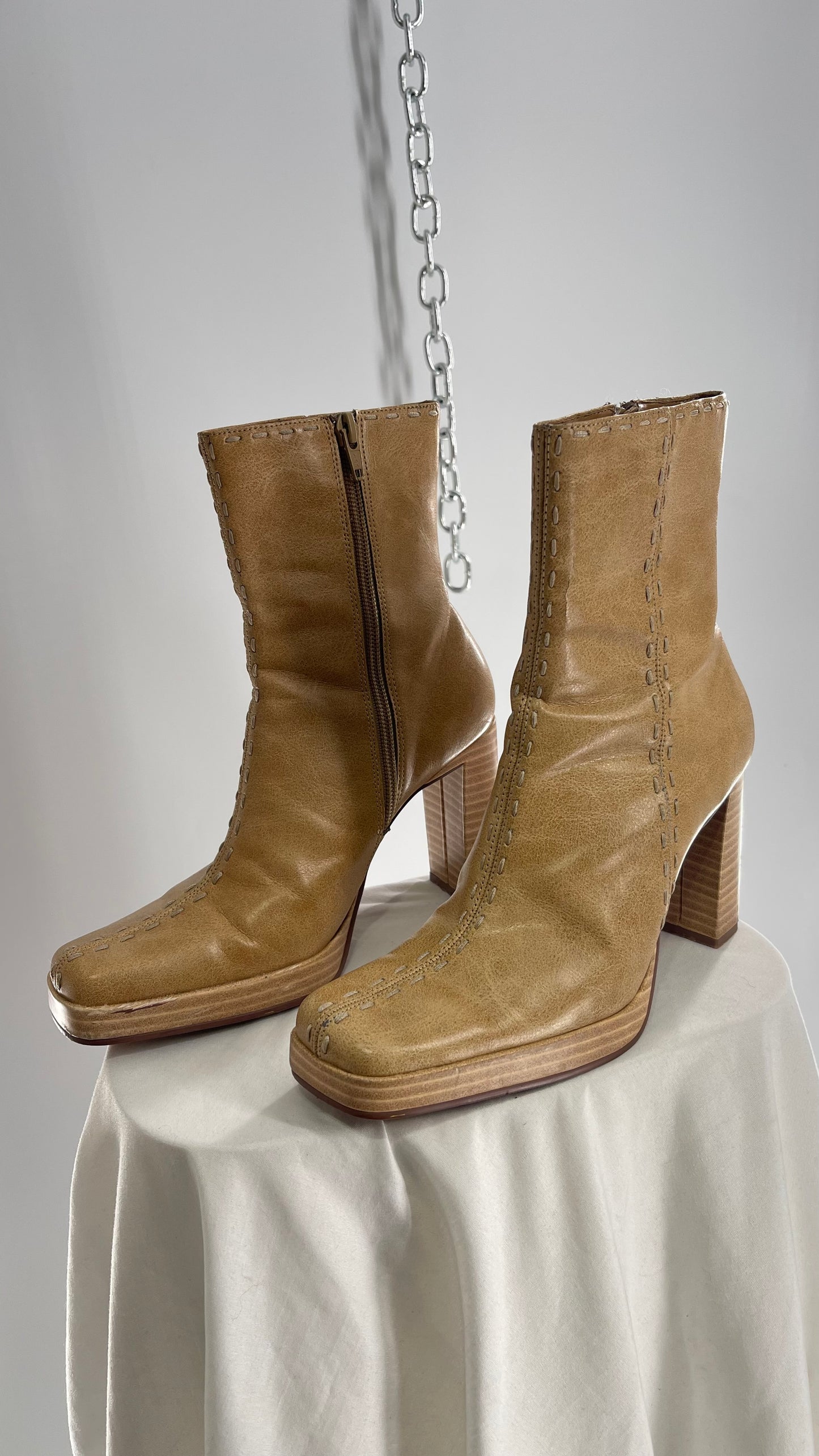Vintage LEI Tan Square Toe Platform Booties with Stitch Detailing (6.5)