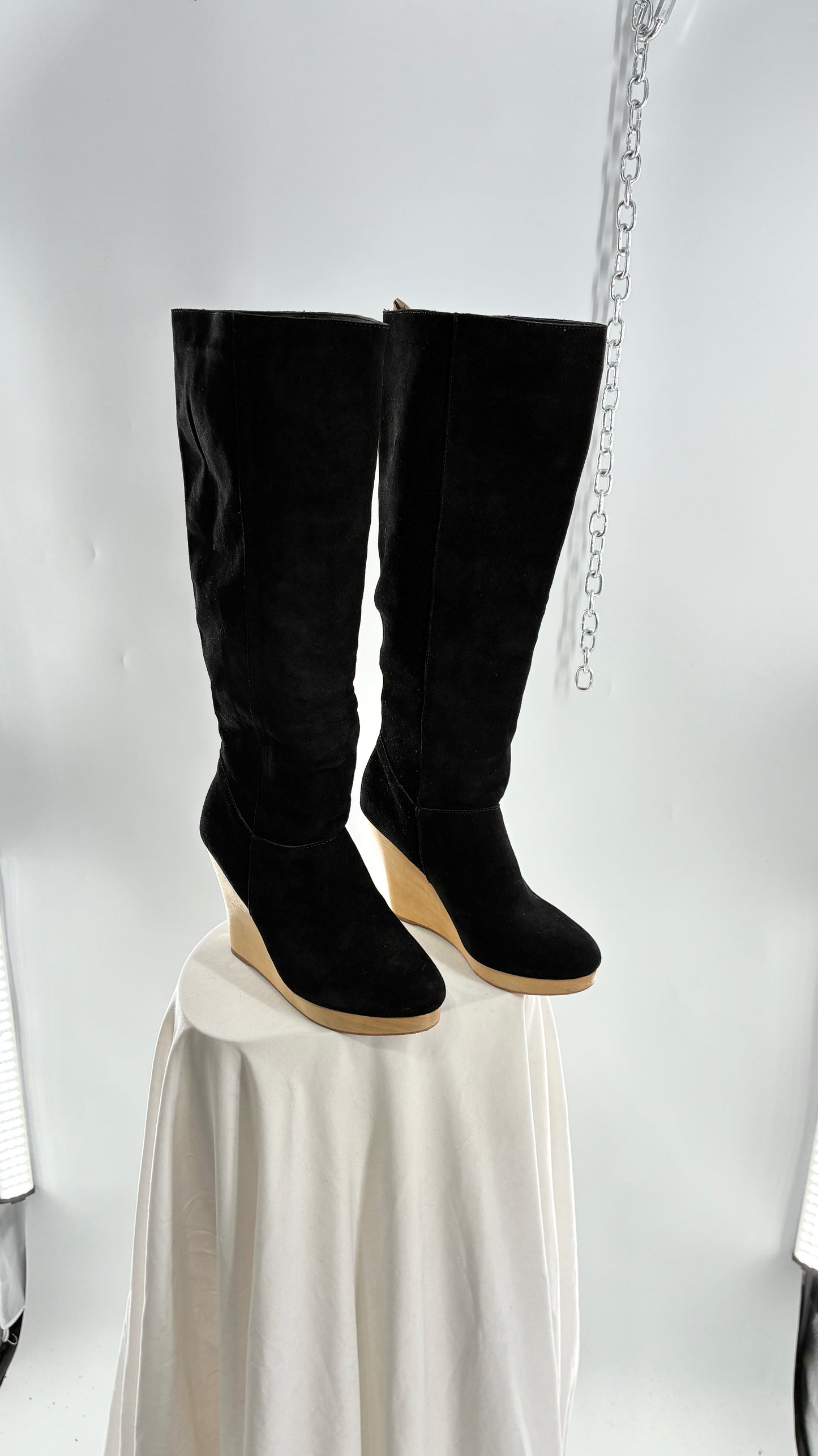 Vintage Black Genuine Suede Leather Knee High Boots with Skinny Wooden Wedge Heel (9)