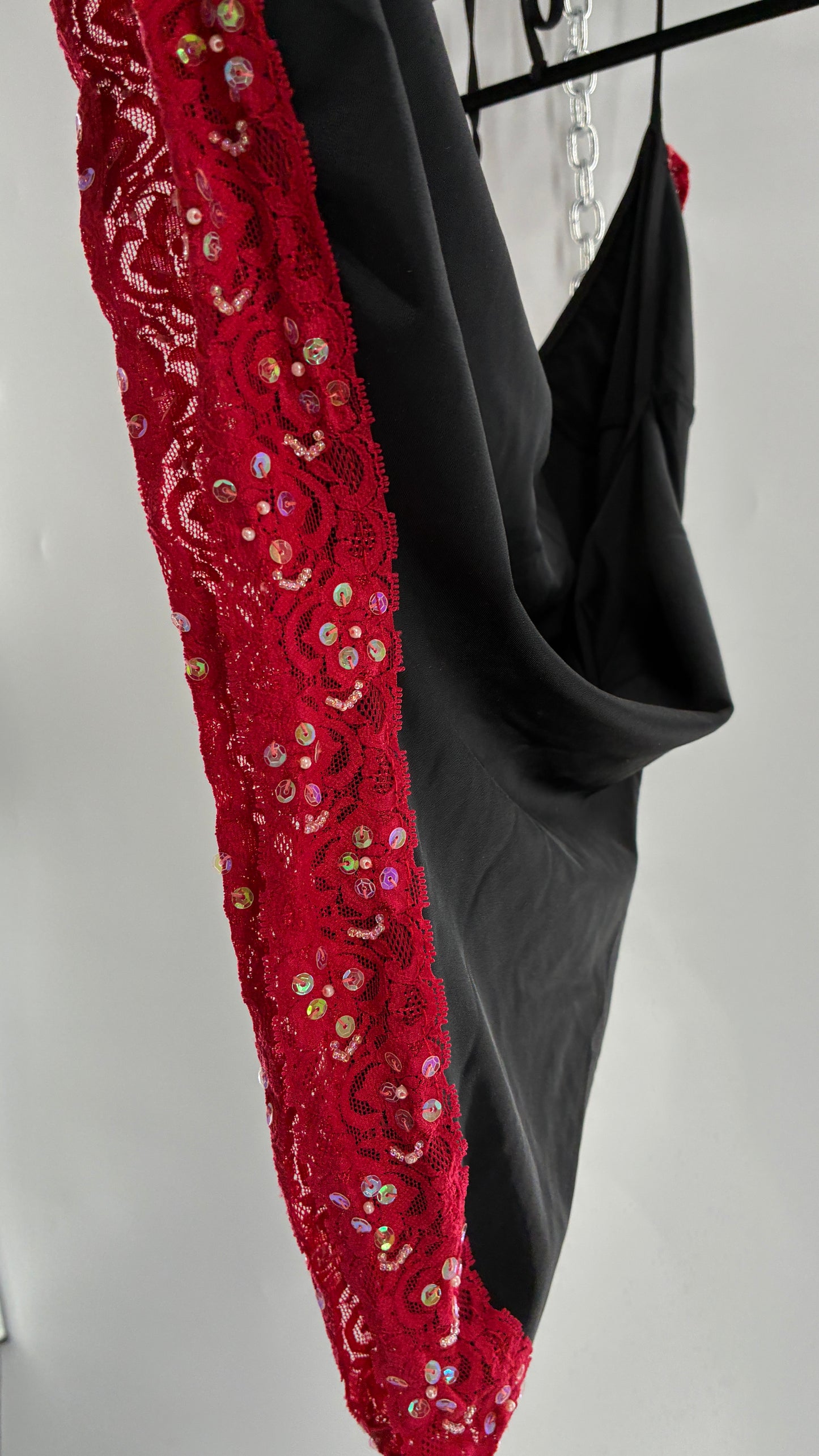 Vintage PROMISCUOUS Black Camisole Slip with Red Ruffled Sequin Lace and Scalloped Bum (XL)