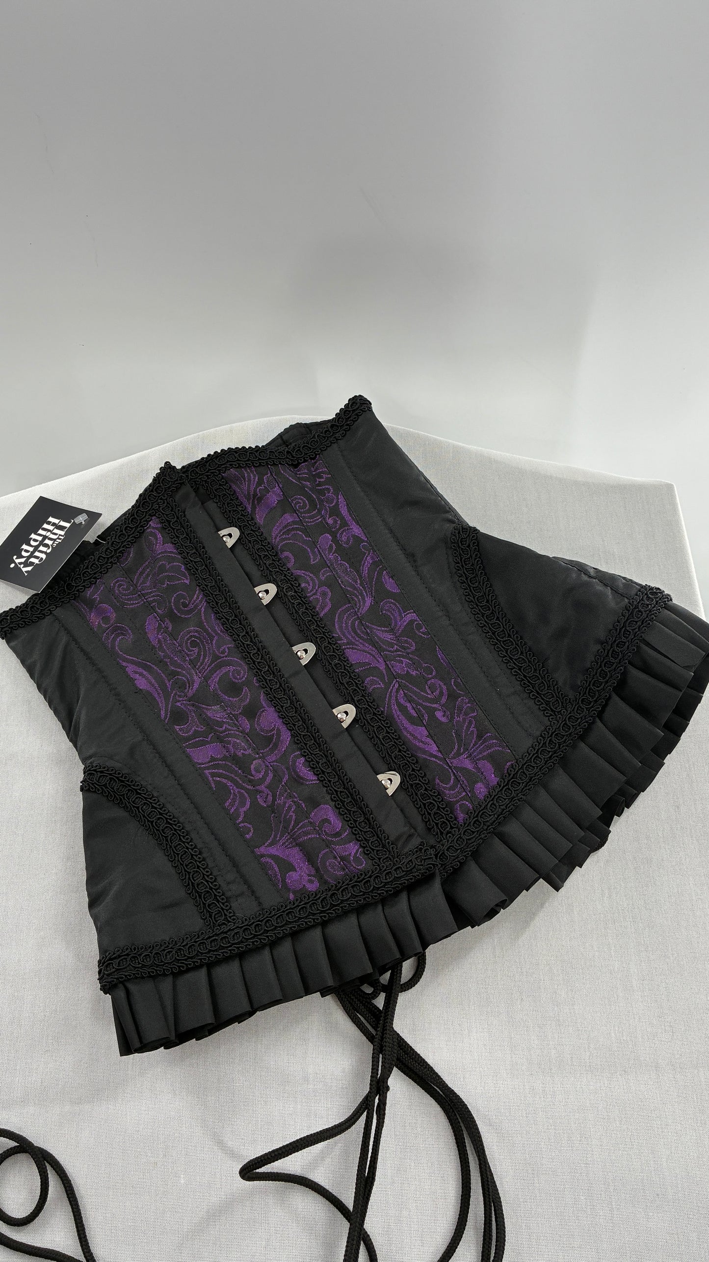 Vintage Black and Purple Brocade Corset with Pleated, Ruffled Hem (Sz 22)