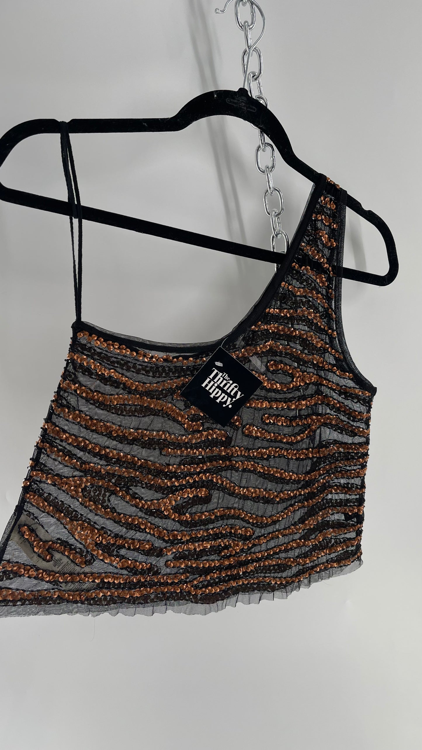 Free People Black Mesh One Shoulder Blouse with Copper Zebra Patterned Sequins (XS)