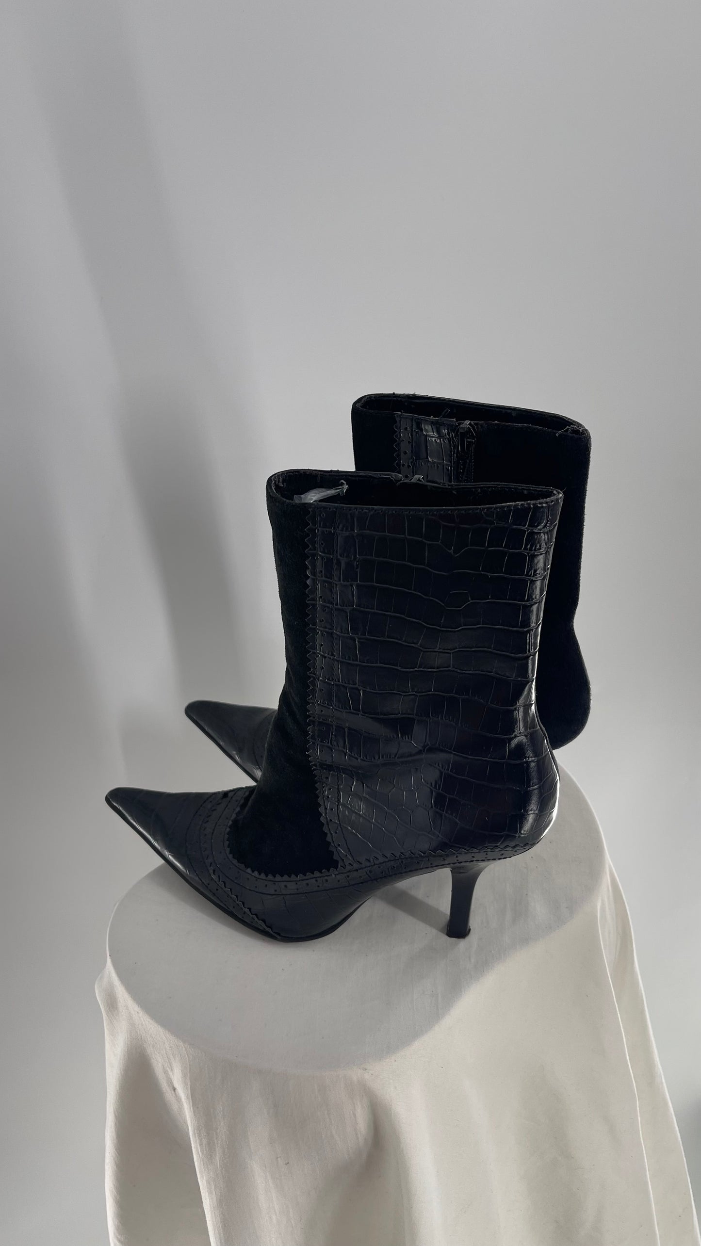 NINE WEST Black Leather Pointed Kitten Heel Boot with Scalloped Embossed Panels (8)