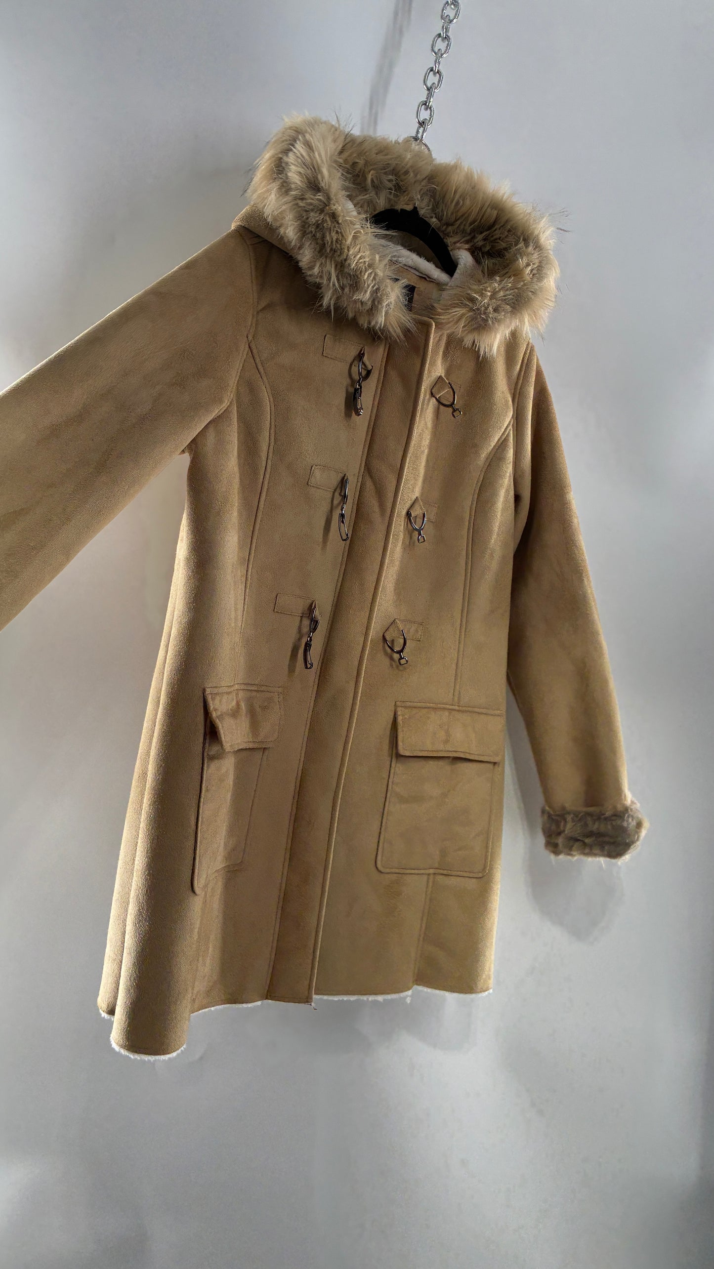 Deadstock Vintage MONROE AND MAIN Vegan Suede Coat with Fur Cuffs and Hood, Tags Attached (Medium)