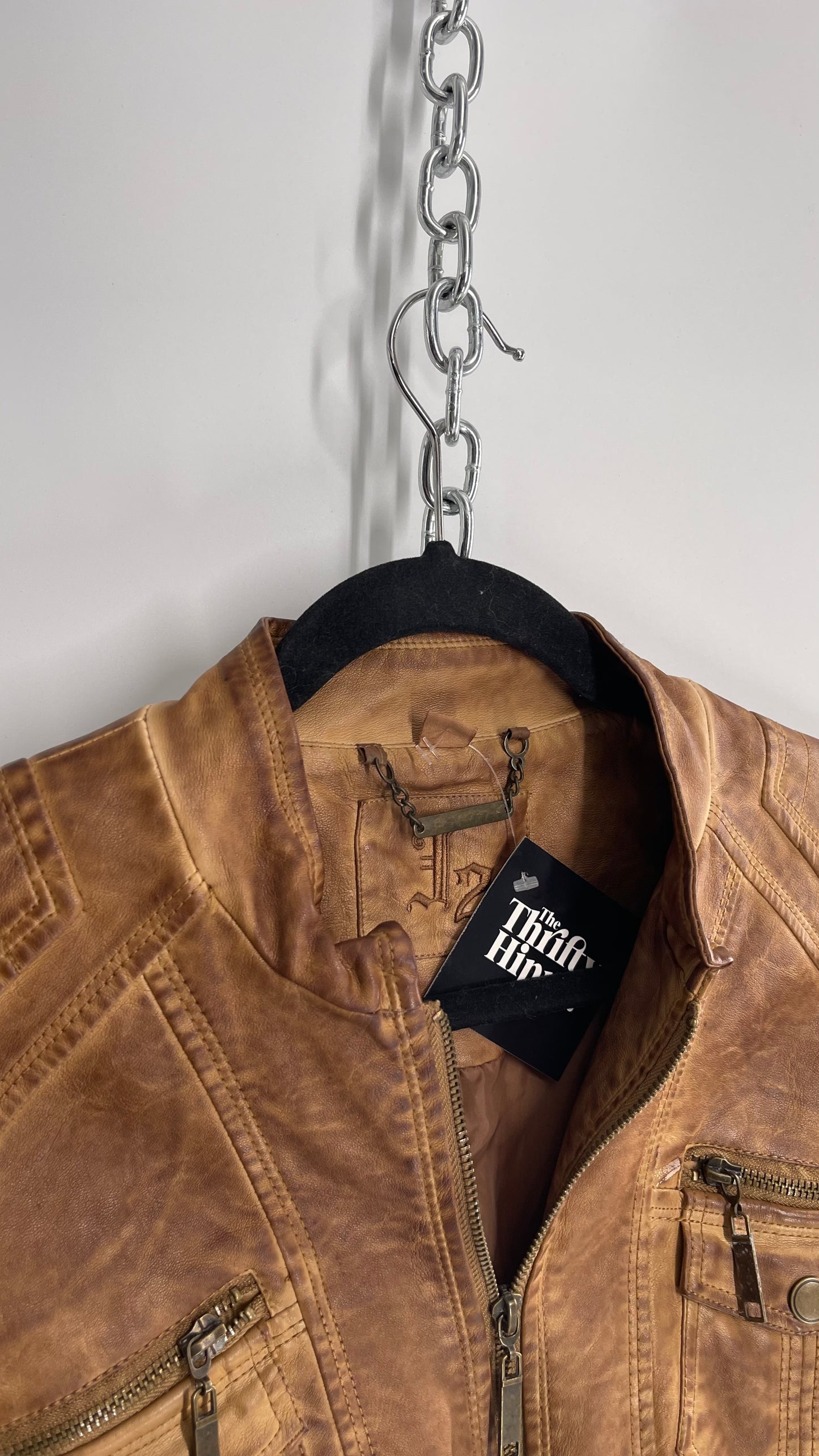 Vintage Brown Vegan Leather Distressed Motorcycle Jacket (Small)