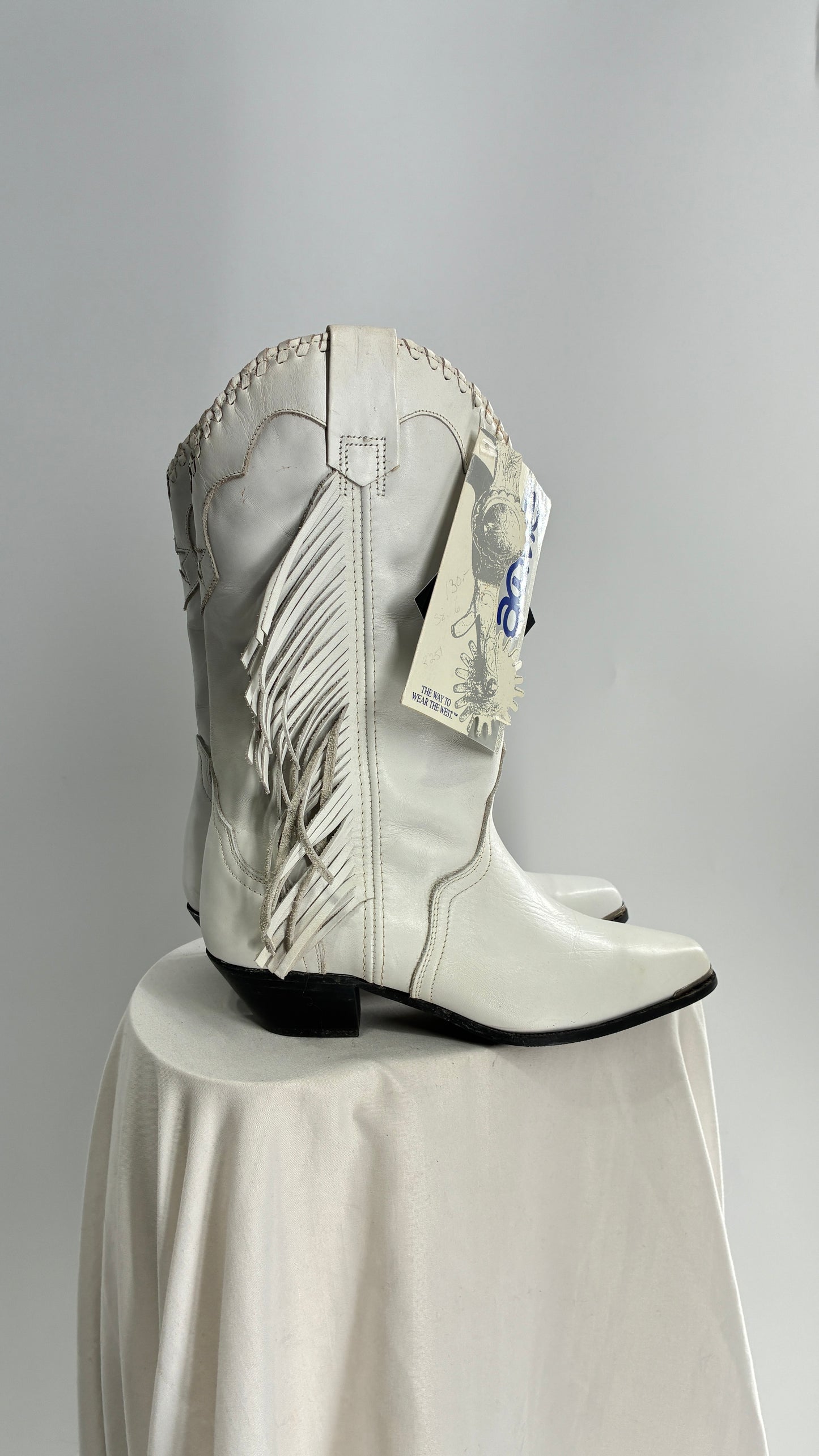 Deadstock Vintage ACME White Cowboy Boots with Braided Cuff, Fringe Sides(6)