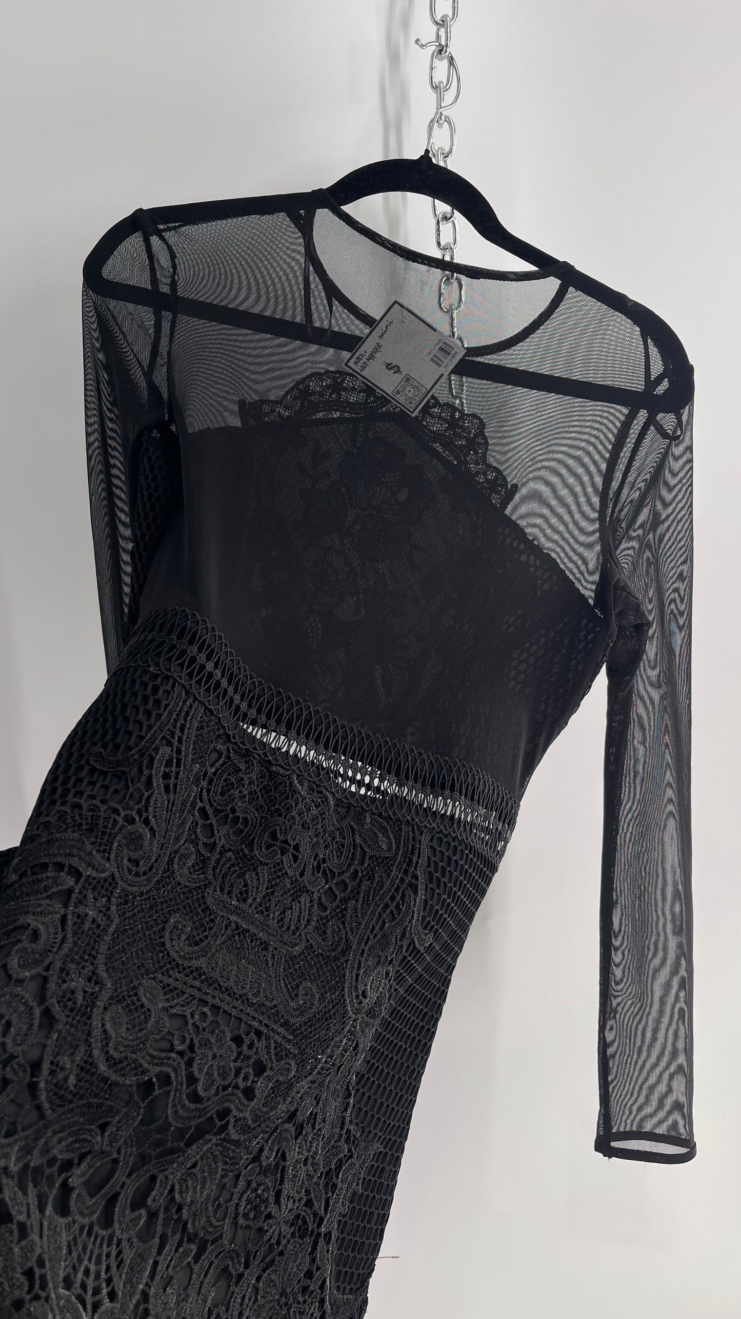 Mesh + Thick Lace Appliqué Mini Dress with Sheer Open Back (Small)