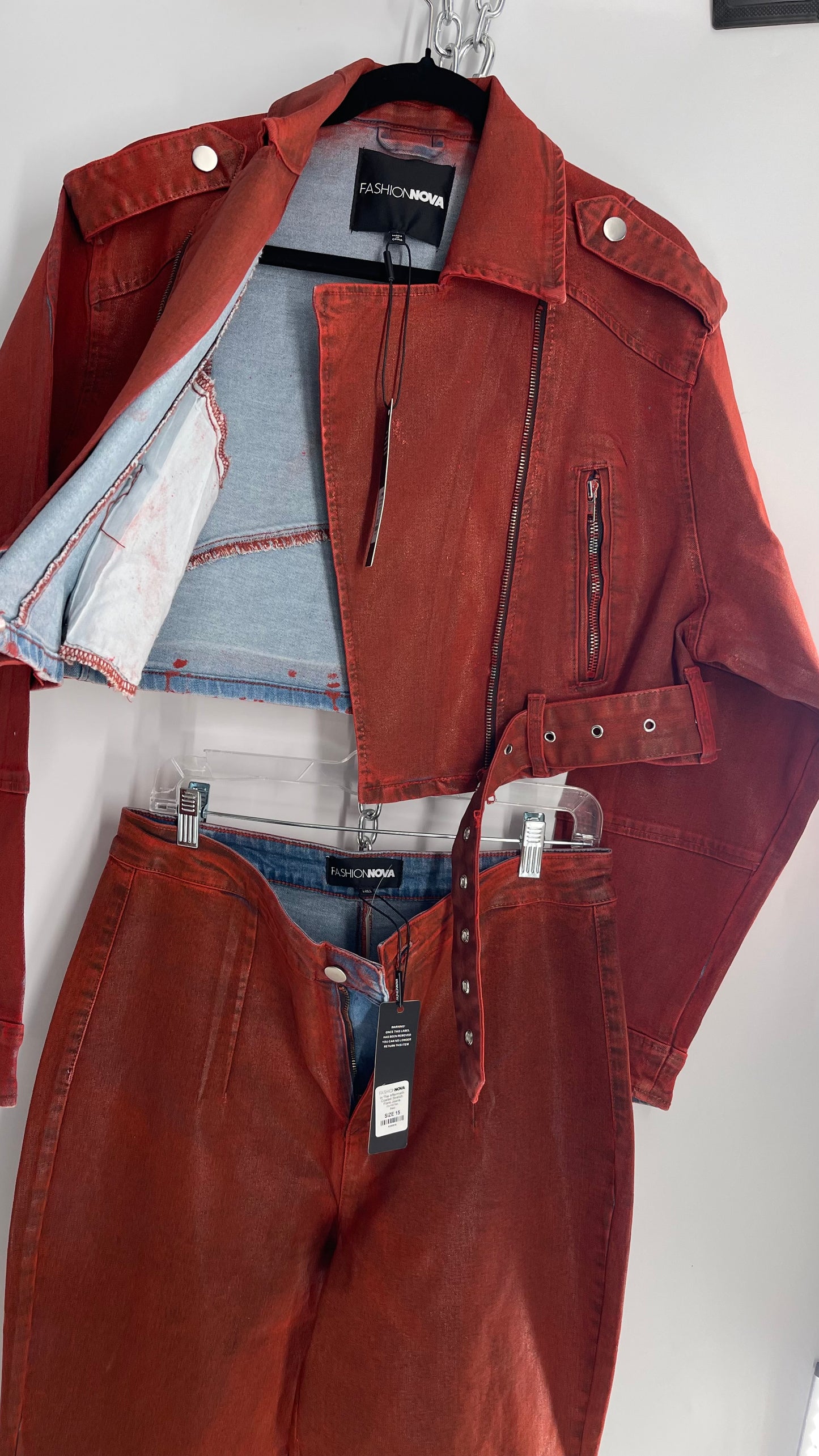 Fashion Nova Red Waxed Denim Cropped Motorcycle Jacket with Flared Jean Set and Tags Attached (XL/15)