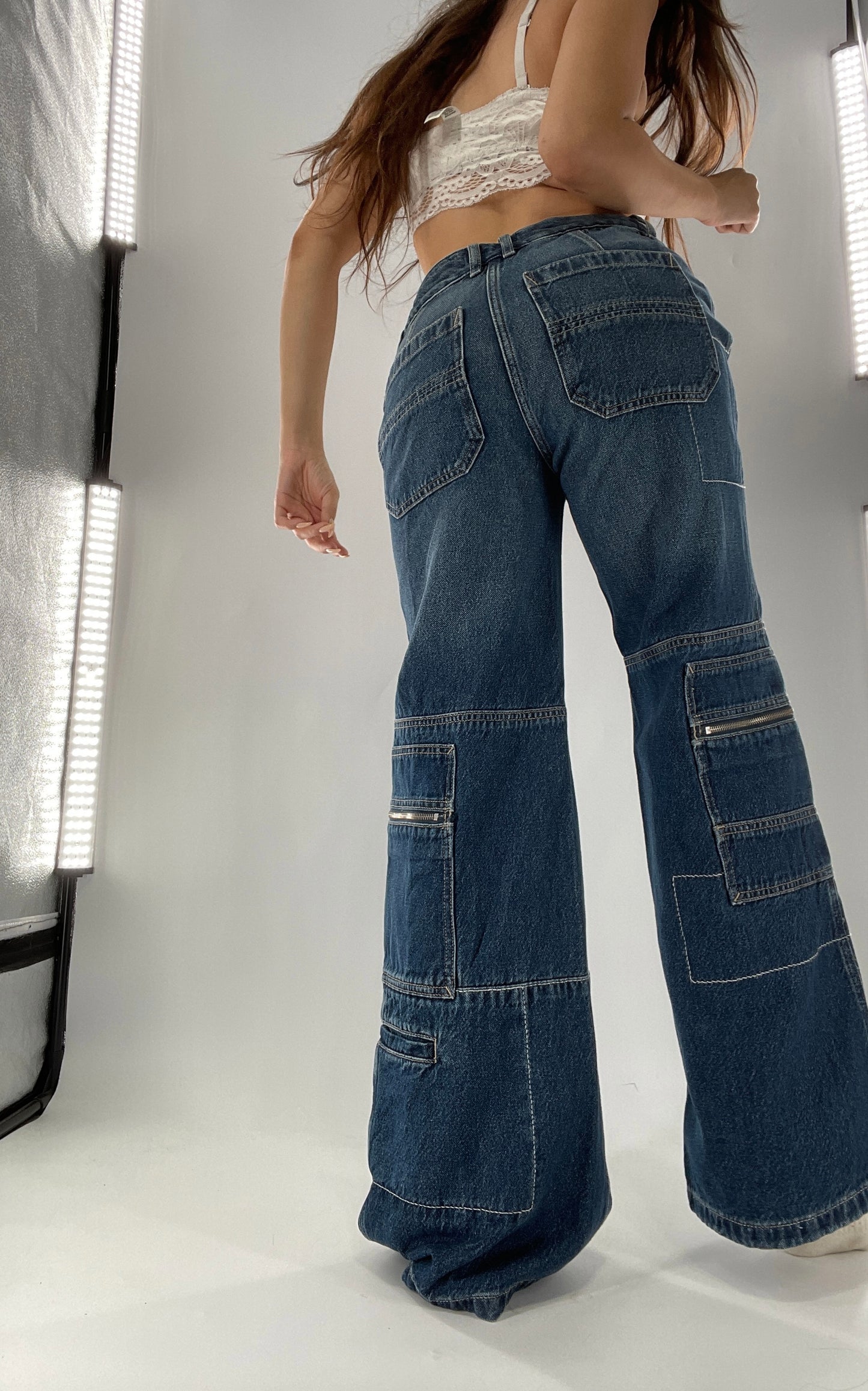 Free People Medium Wash Baggy Straight Legs Jeans Covered in Zippers, Pockets, Stitching (28)