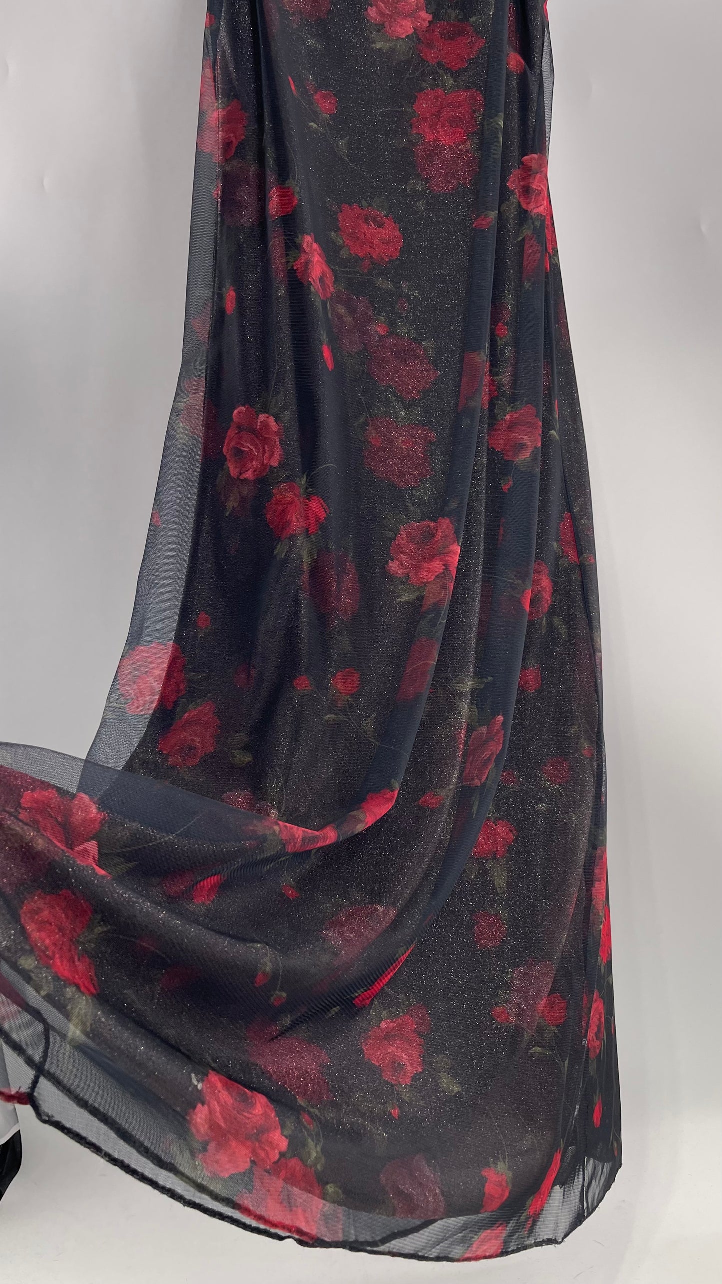 Vintage TEDDI EVENING Dress with Red Rose Layer Over Glitter Graphic and Black Base Layer (10)